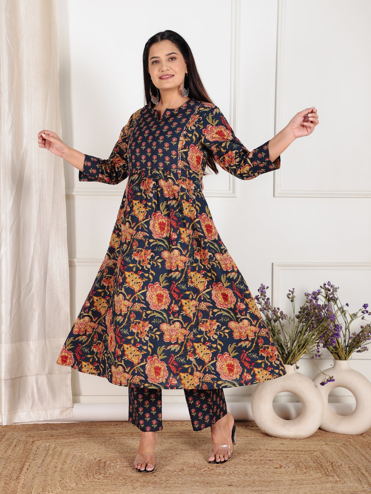 Embroidered Soft Cotton Floral Flared Blue Kurta