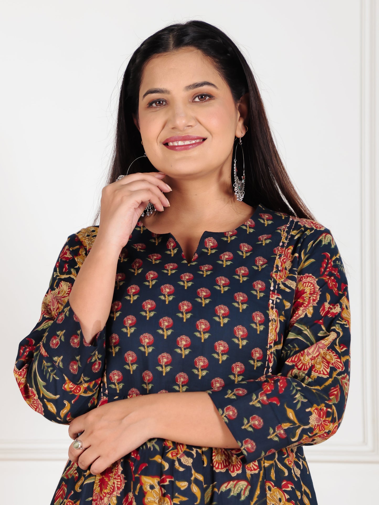 Embroidered Soft Cotton Floral Flared Blue Kurta