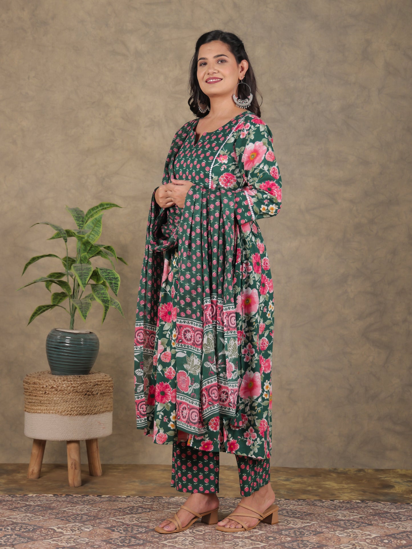 Soft Cotton Floral A-line Green Kurta