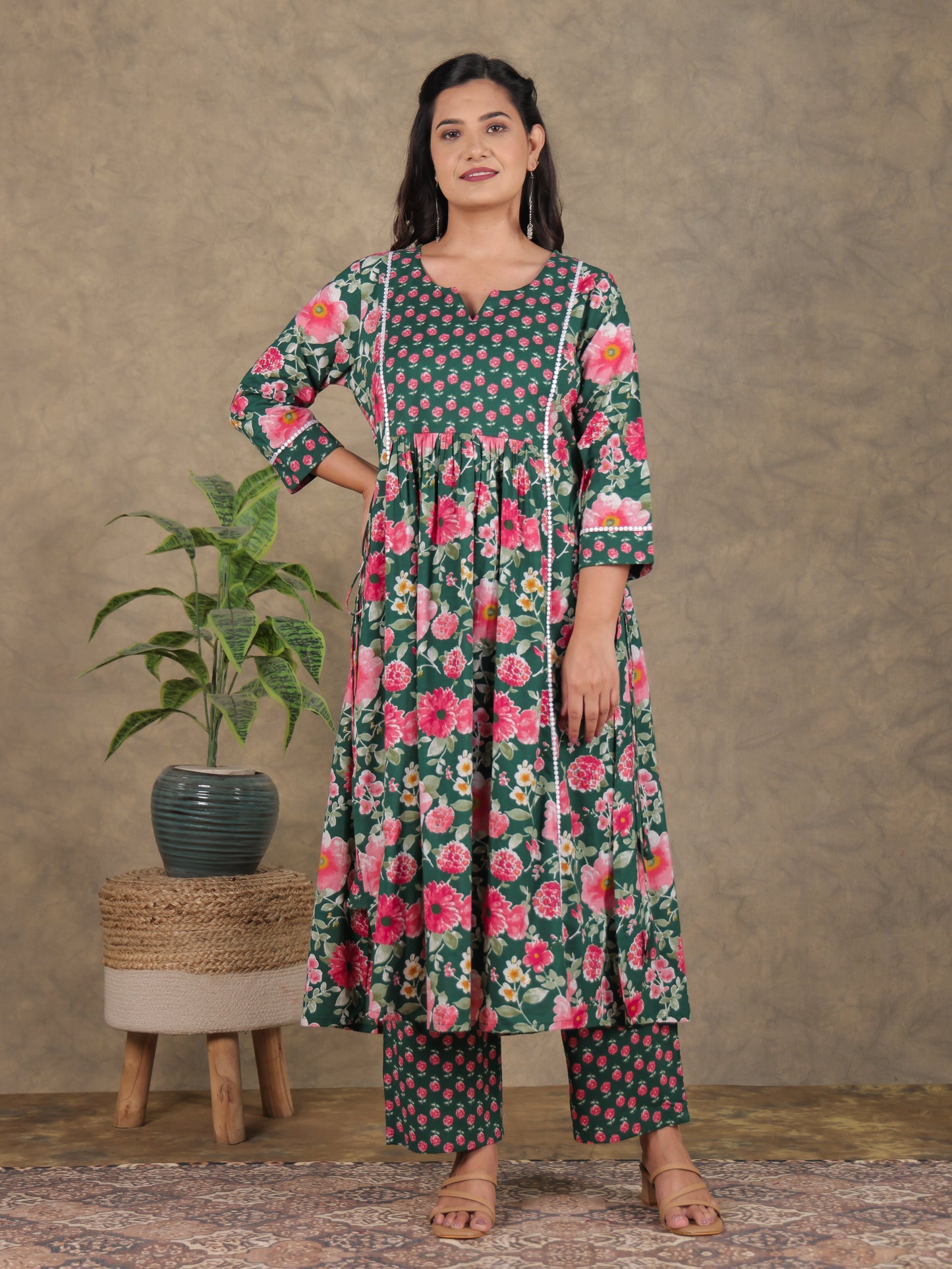 Soft Cotton Floral A-line Green Kurta