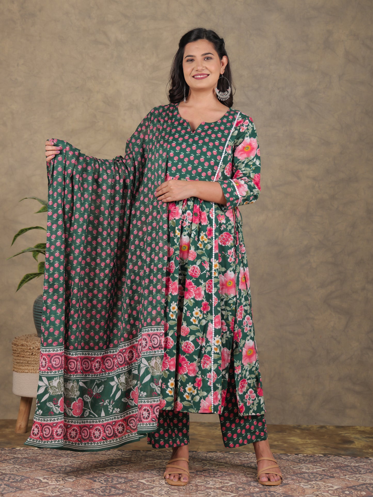 Soft Cotton Floral A-line Green Kurta