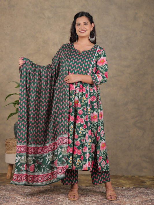 Soft Cotton Floral A-line Green Kurta