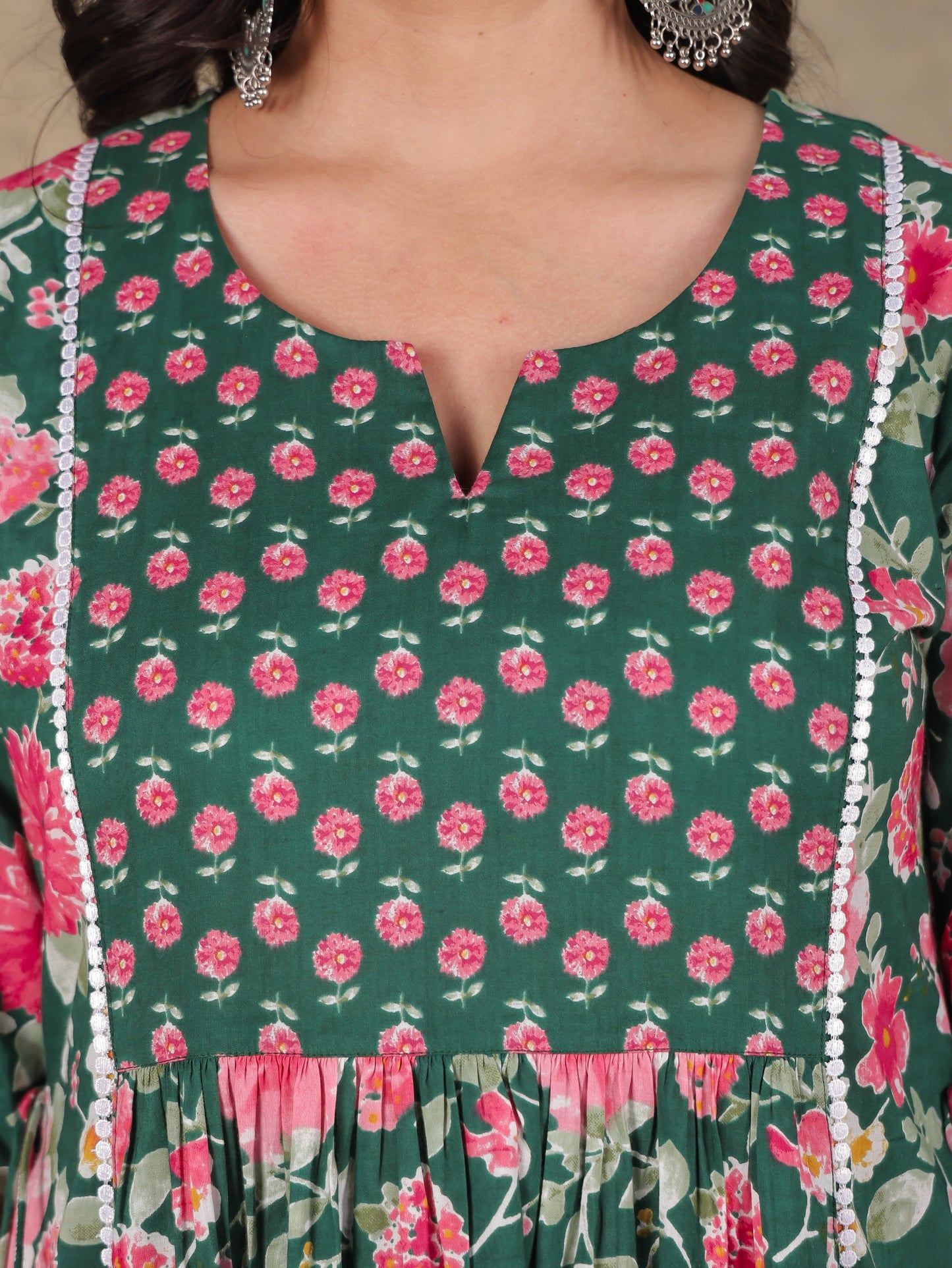Soft Cotton Floral A-line Green Kurta
