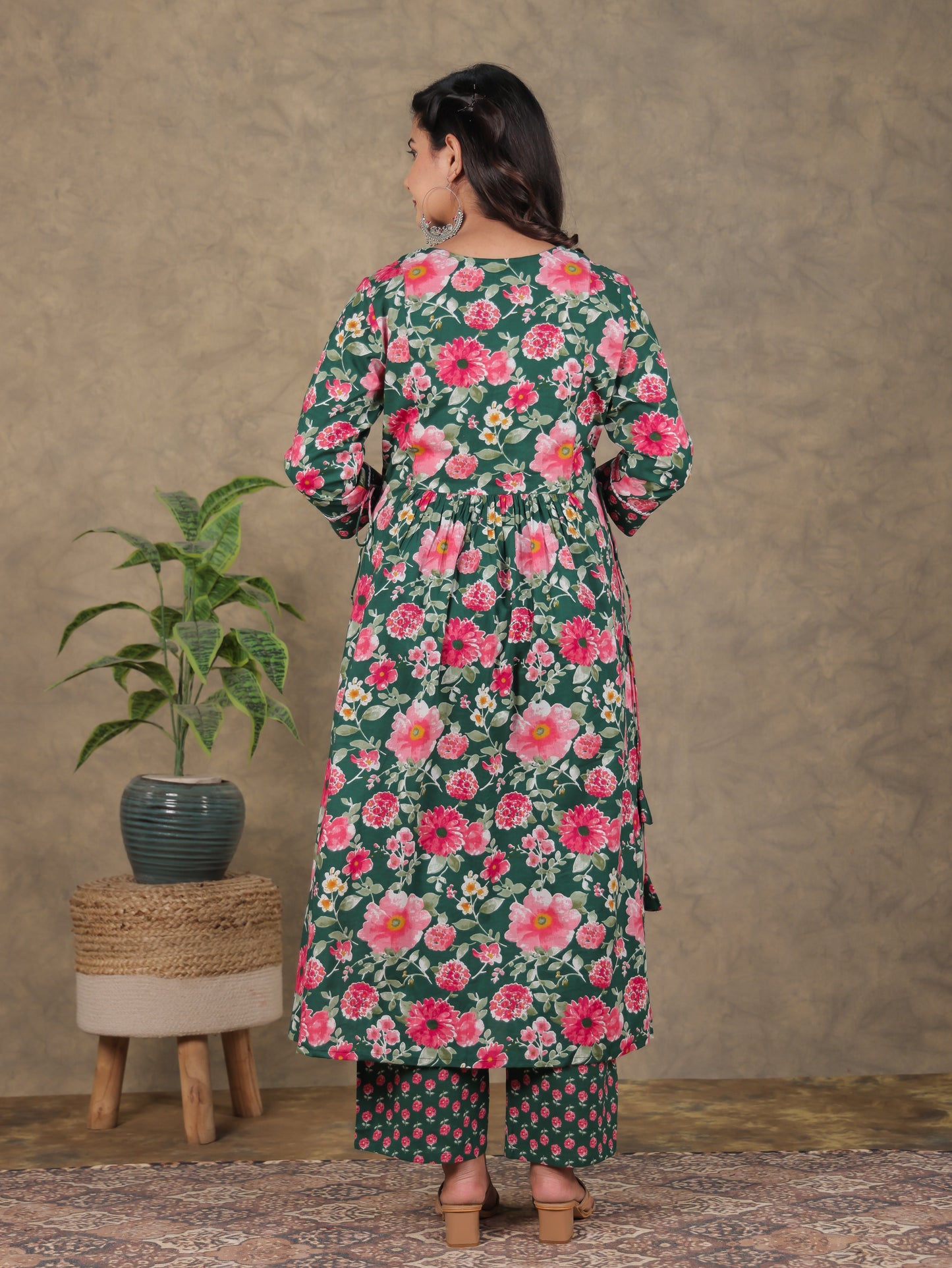 Soft Cotton Floral A-line Green Kurta