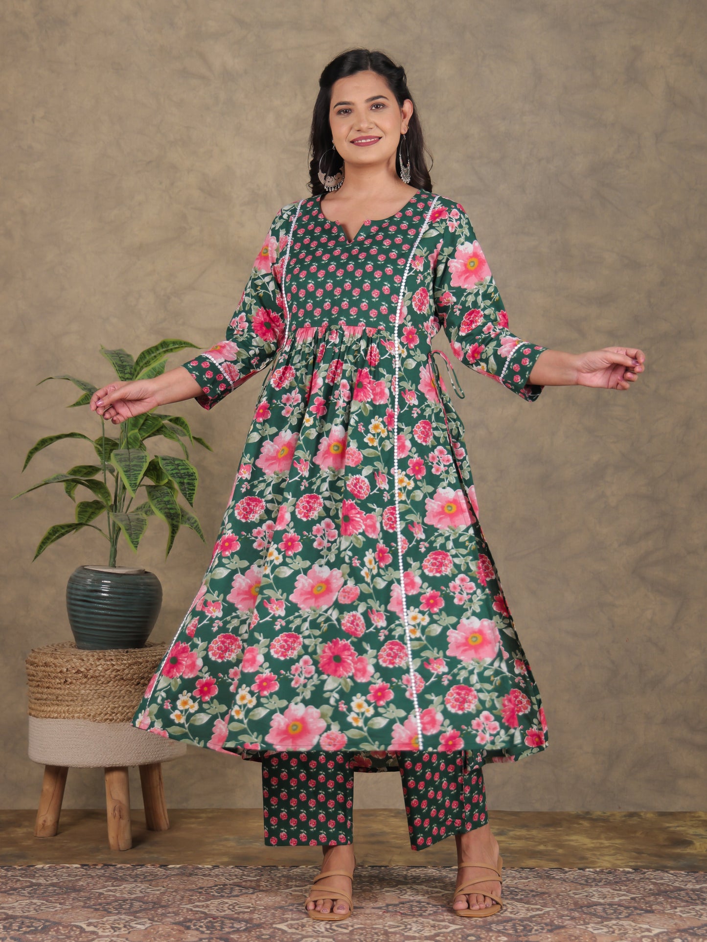 Soft Cotton Floral A-line Green Kurta