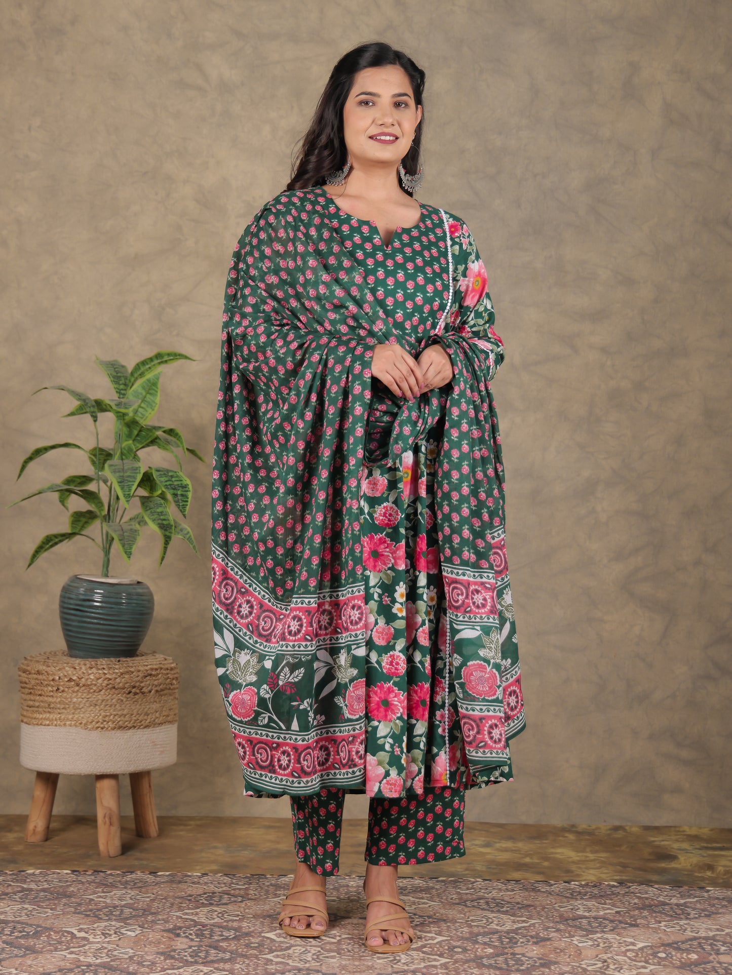 Soft Cotton Floral A-line Green Kurta