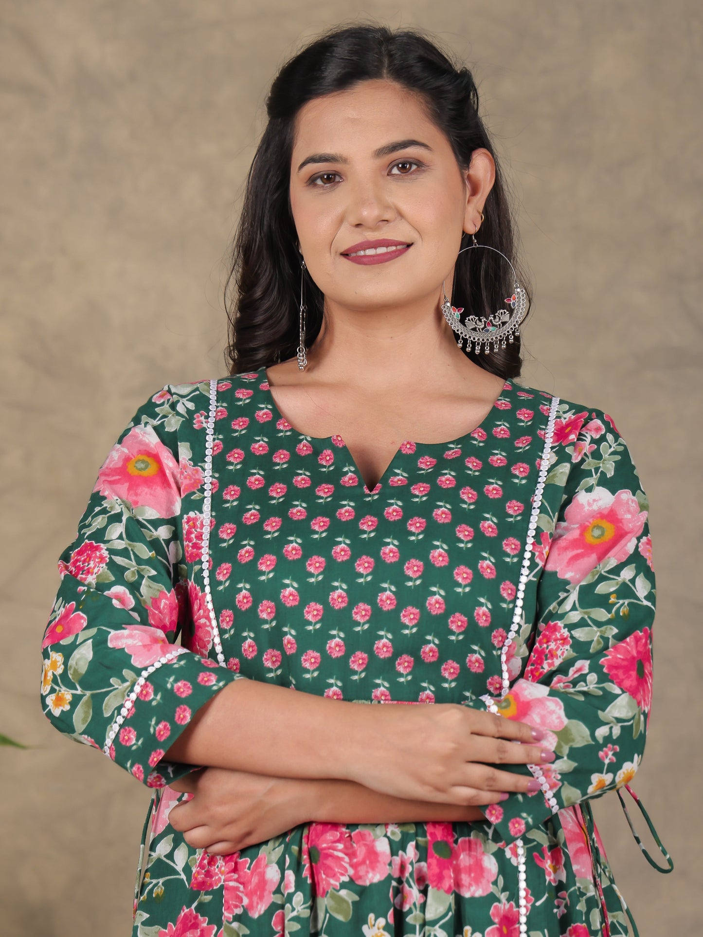 Soft Cotton Floral A-line Green Kurta