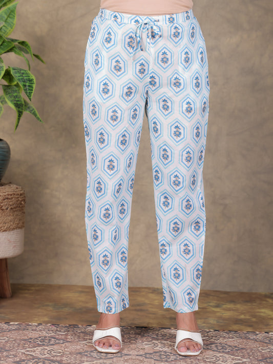 Soft Cotton Floral White Tapered Trousers