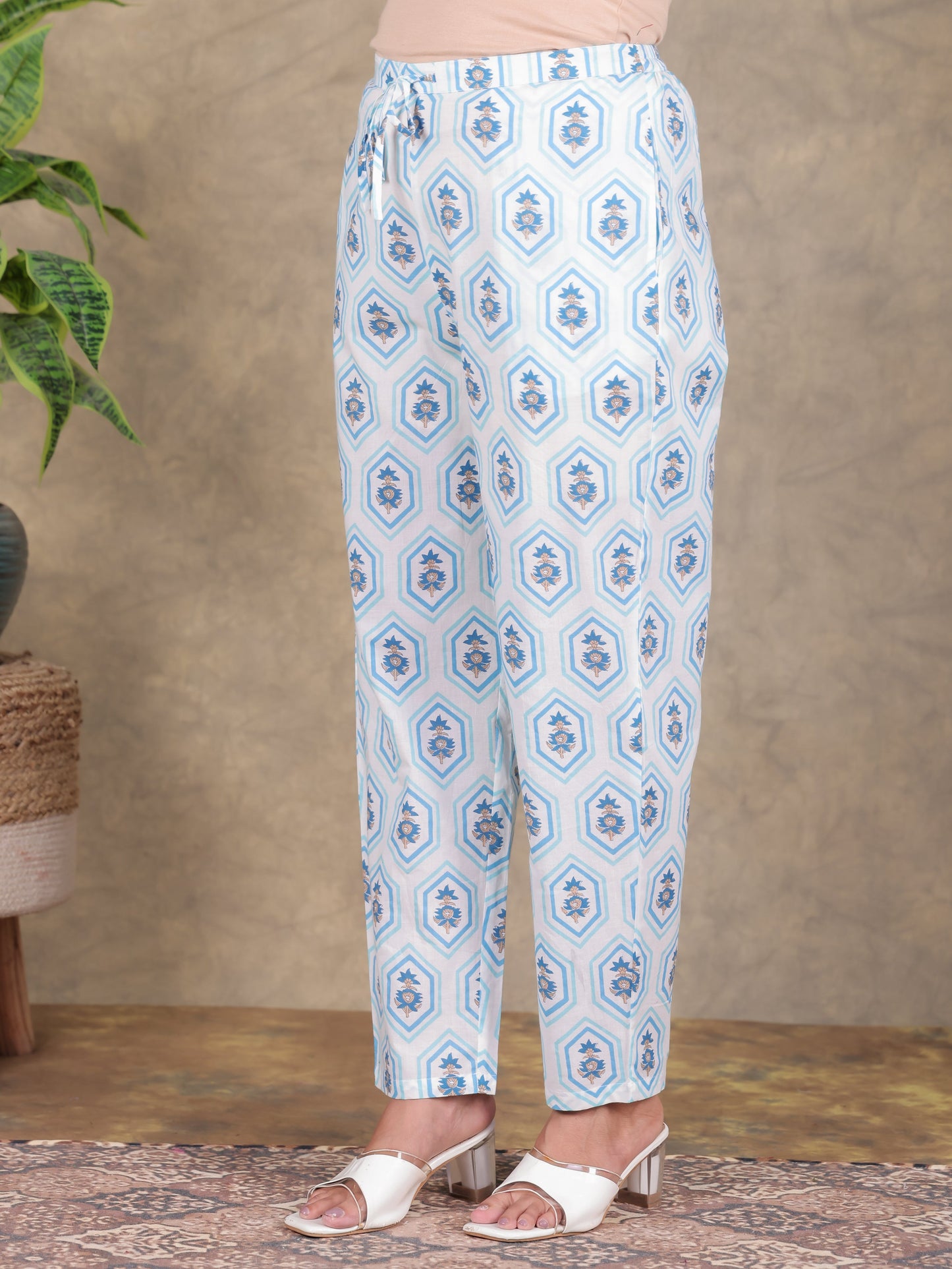 Soft Cotton Floral White Tapered Trousers