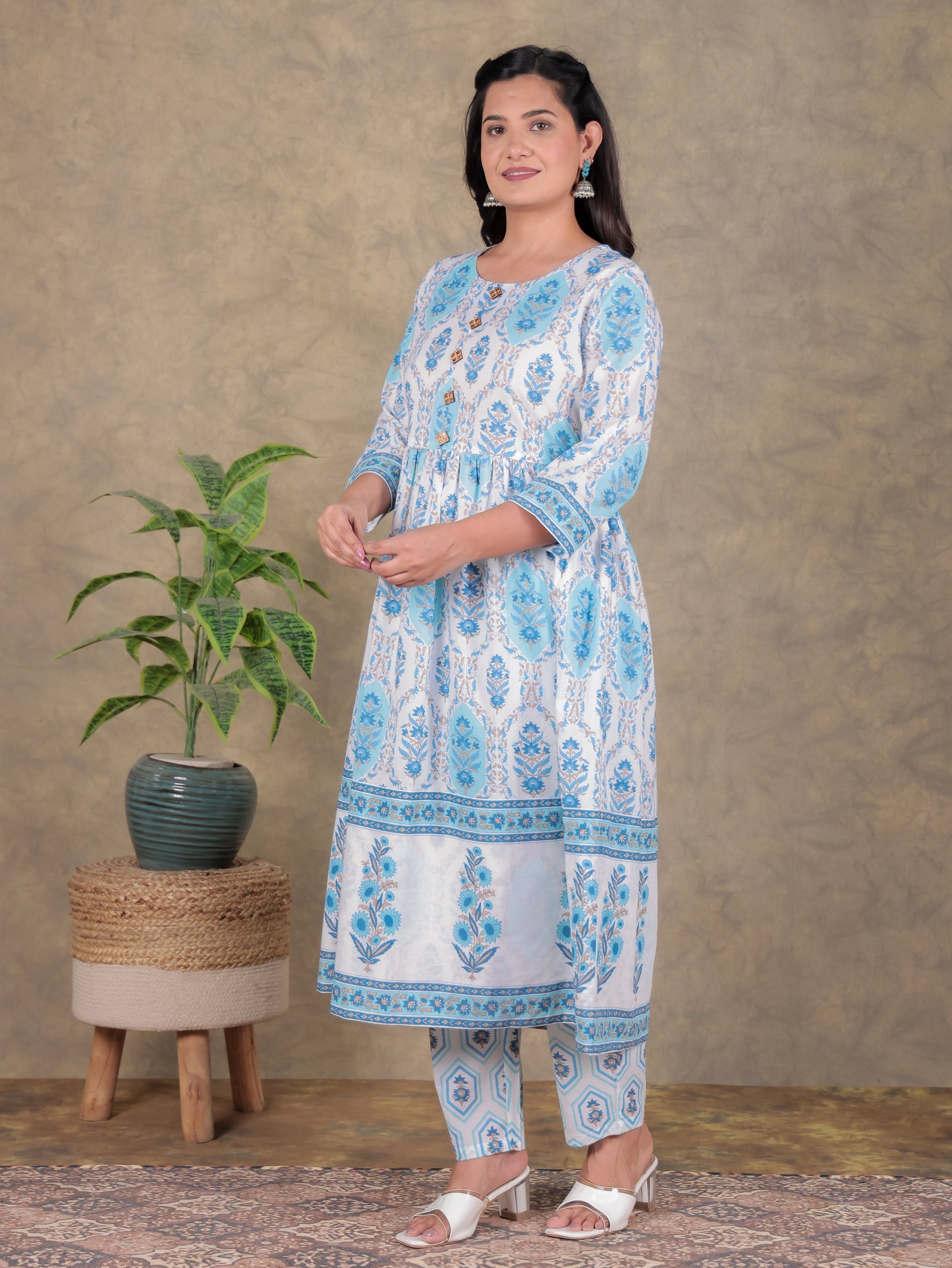 Soft Cotton Floral A-line White Kurta