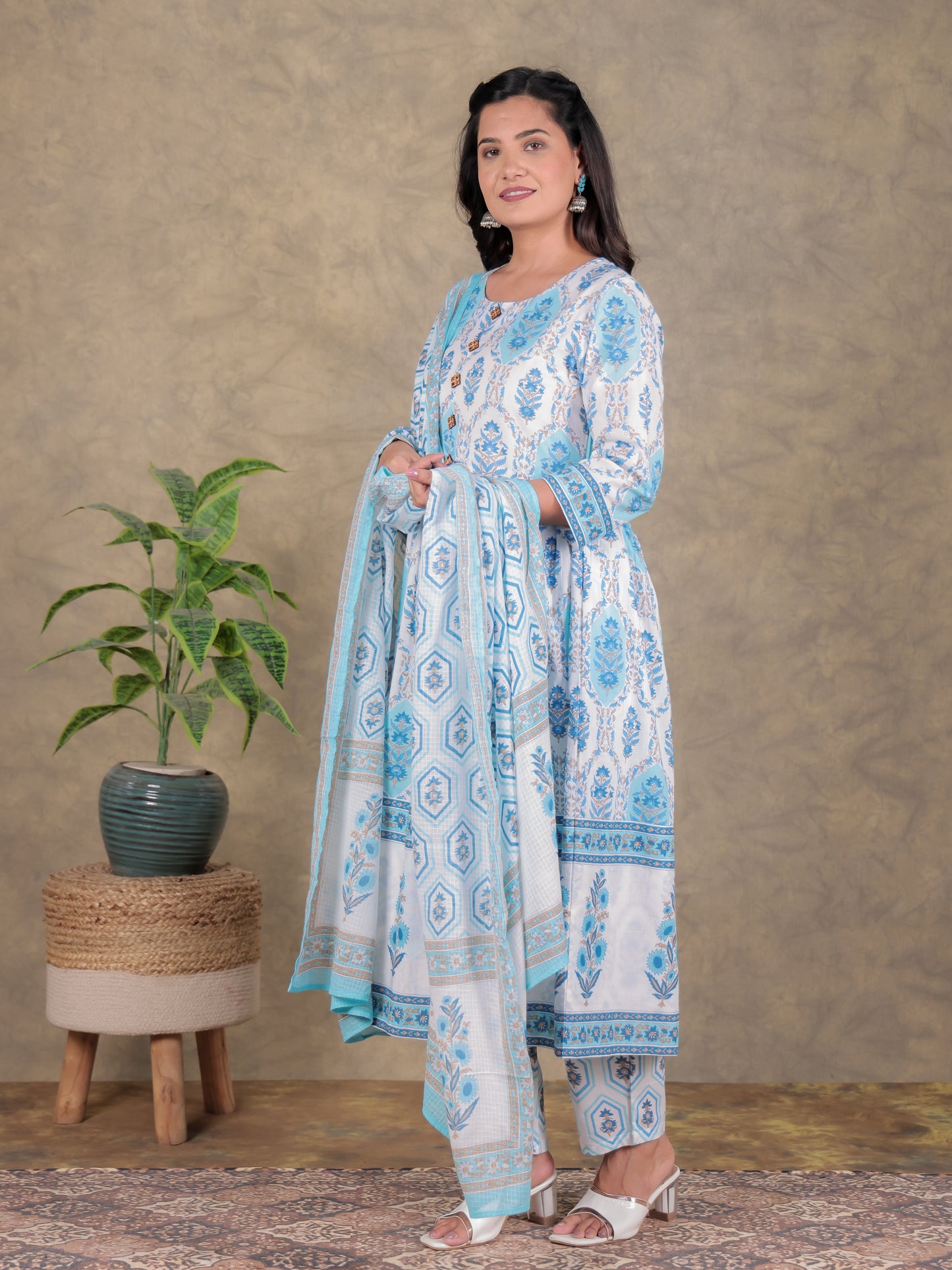 Soft Cotton Floral A-line White Kurta