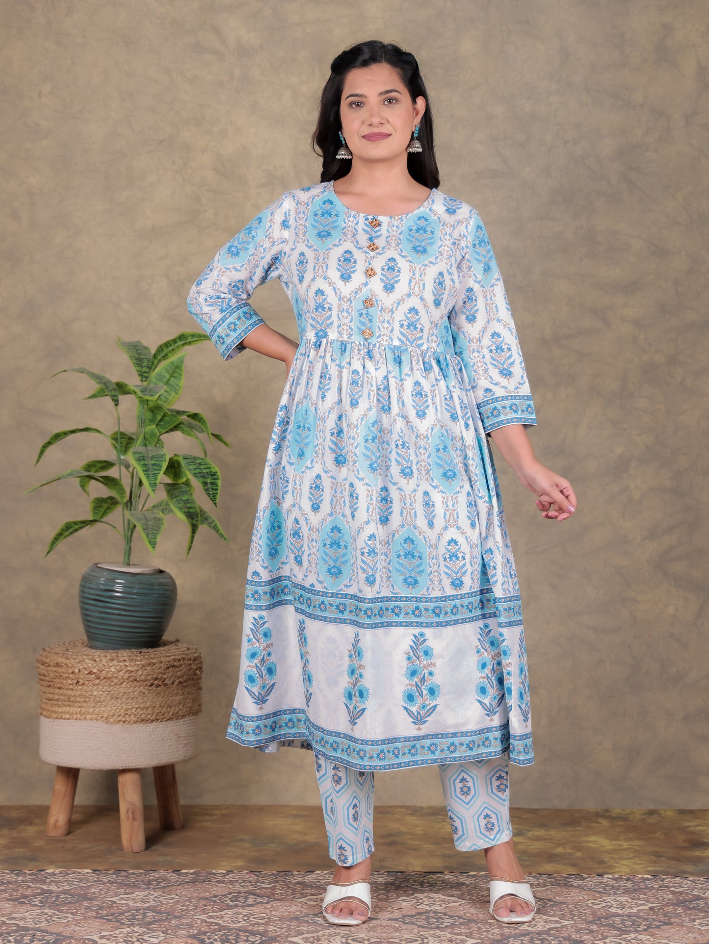 Soft Cotton Floral A-line White Kurta