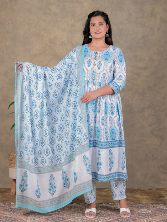 Soft Cotton Floral A-line White Kurta
