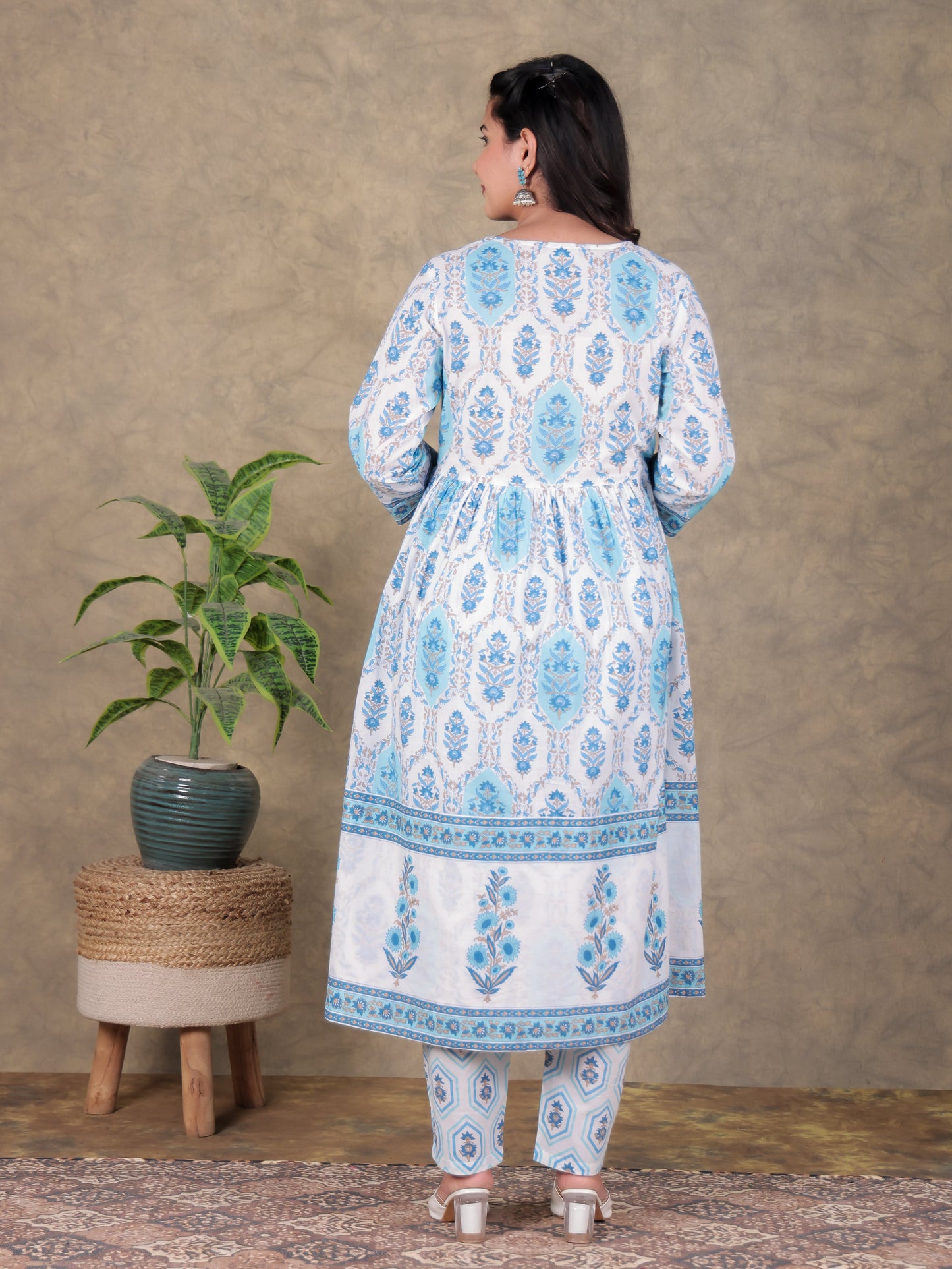 Soft Cotton Floral A-line White Kurta