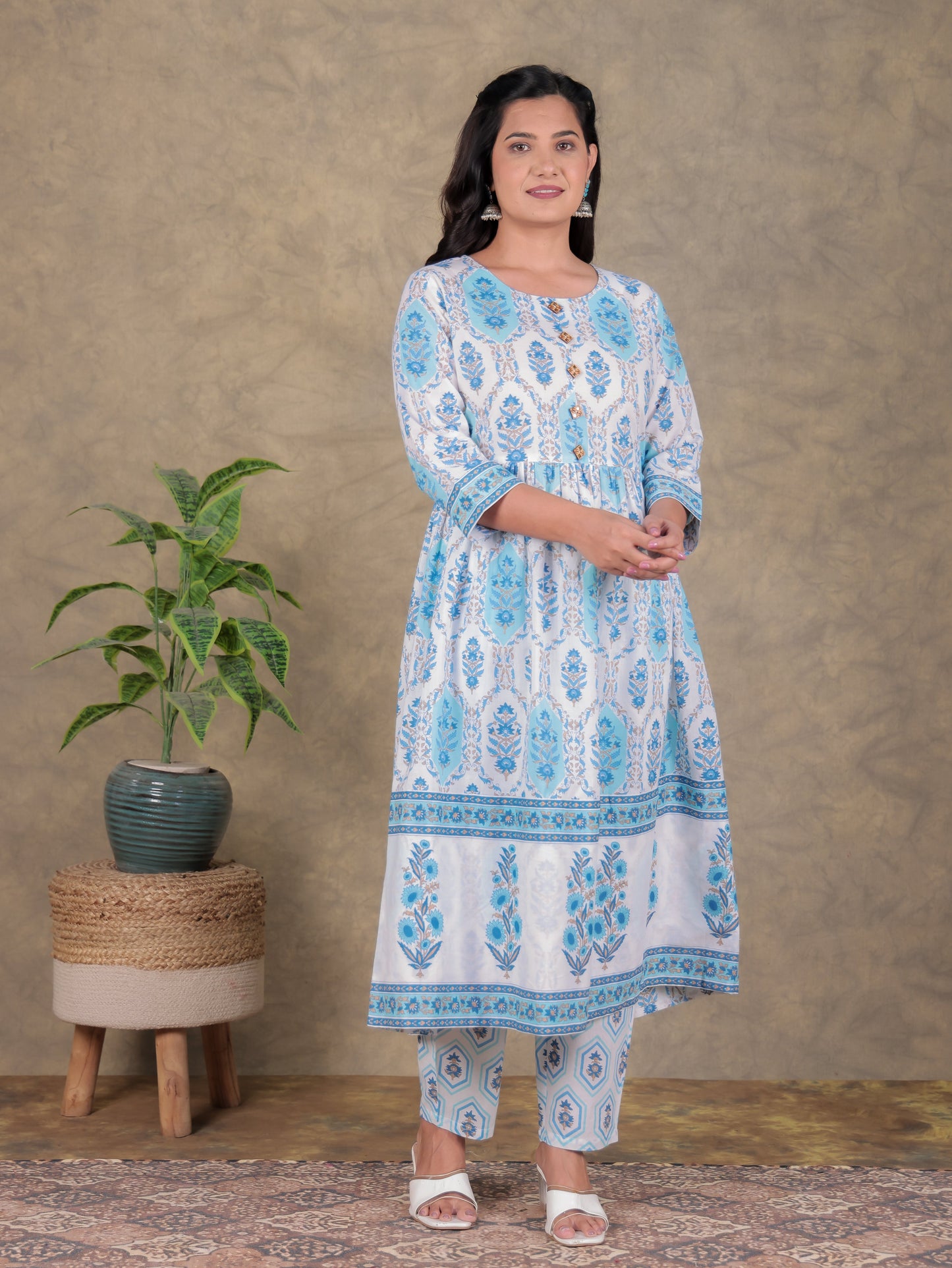 Soft Cotton Floral A-line White Kurta