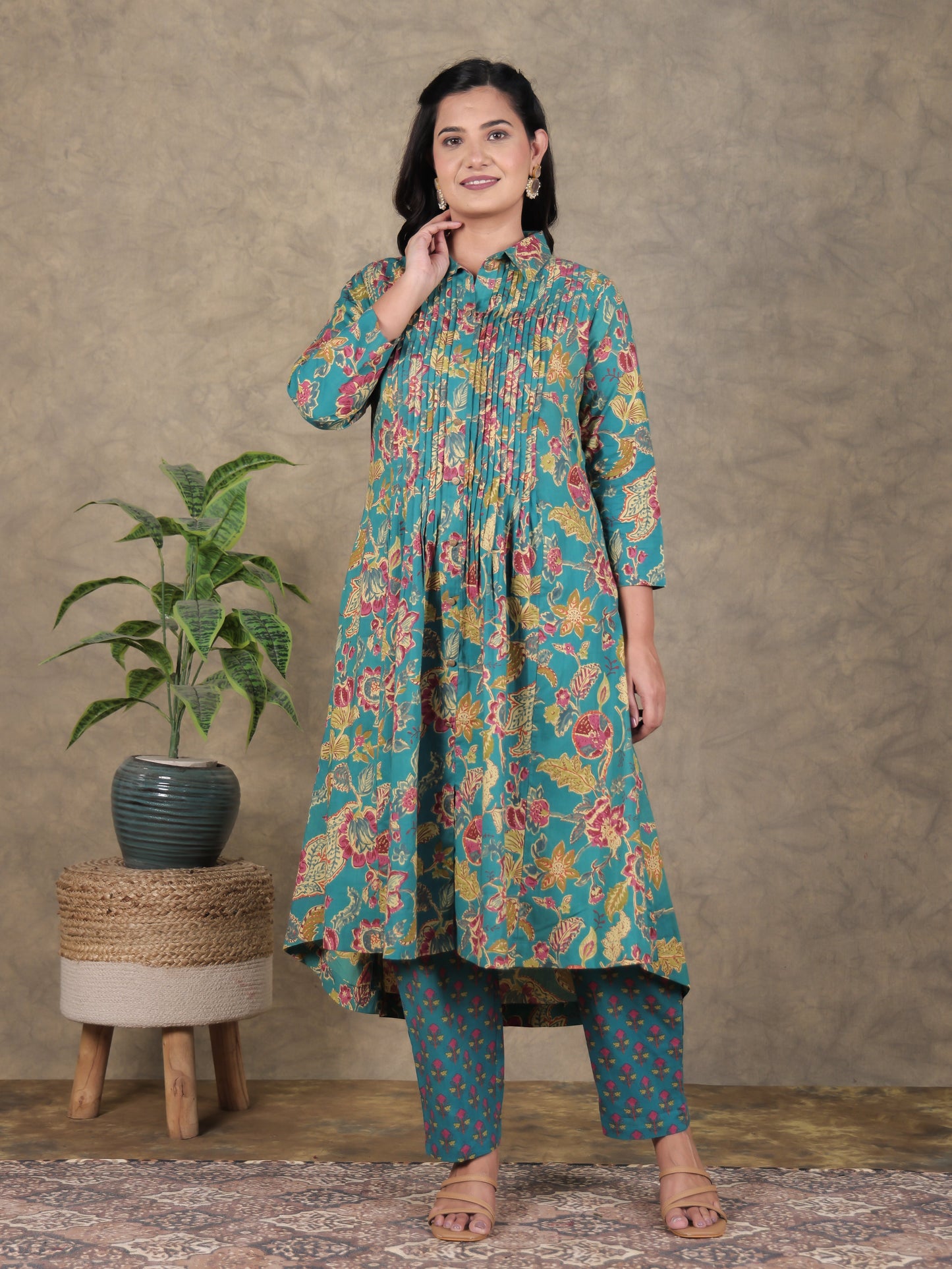Soft Cotton Floral High Low Green Kurta