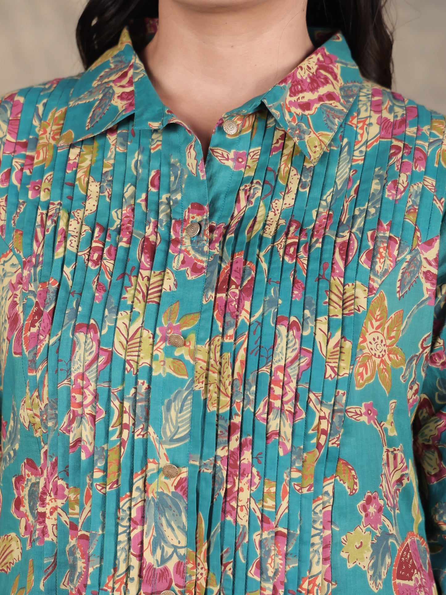 Soft Cotton Floral High Low Green Kurta