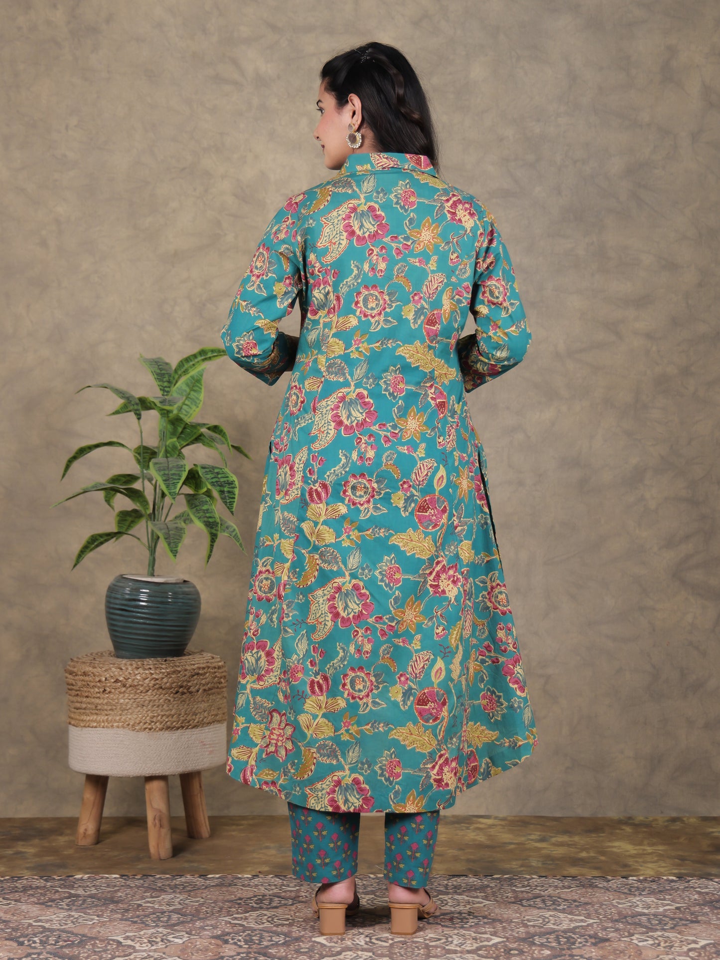 Soft Cotton Floral High Low Green Kurta
