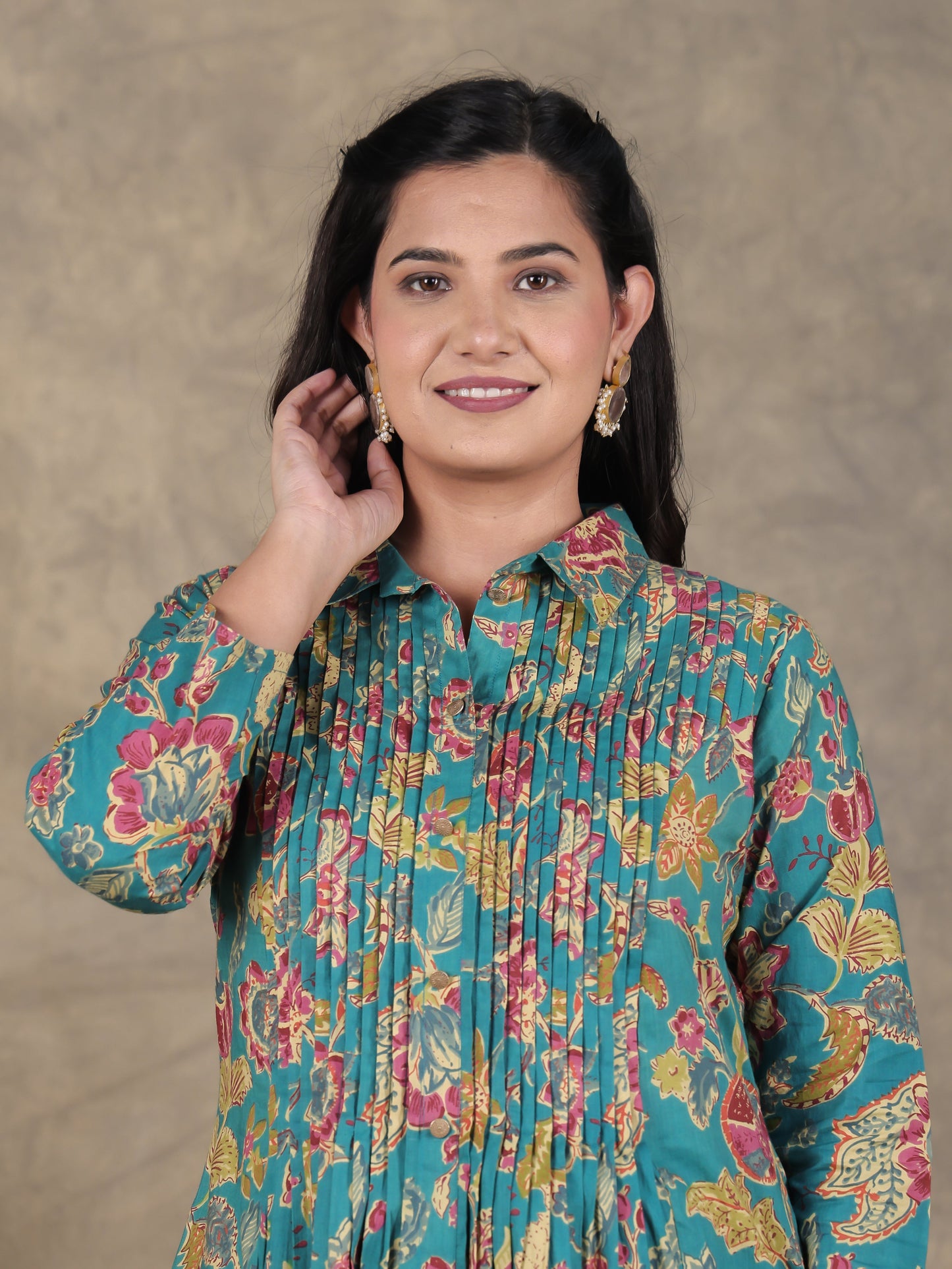 Soft Cotton Floral High Low Green Kurta