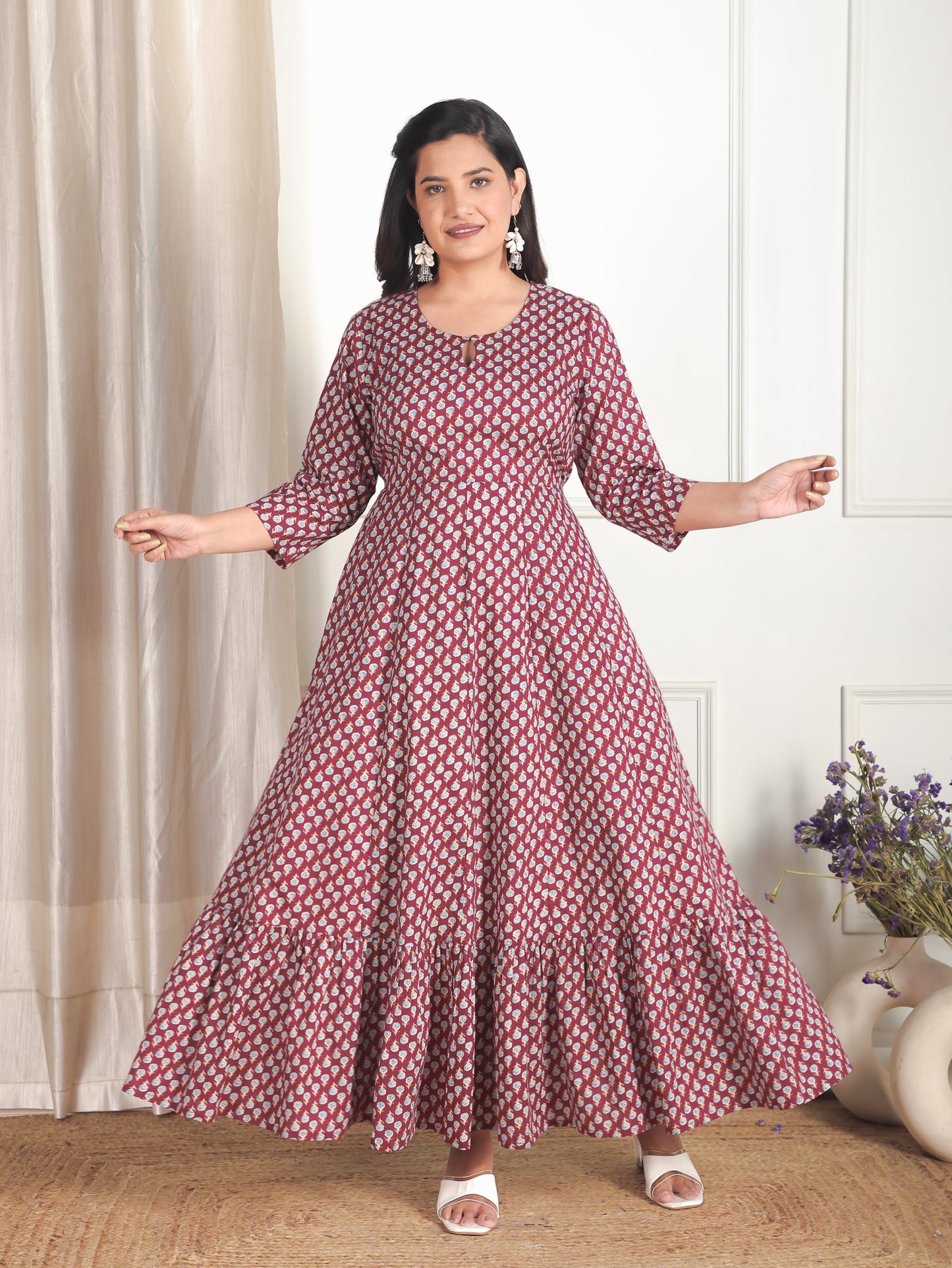 Soft Cotton Floral Anarkali Maroon Dress