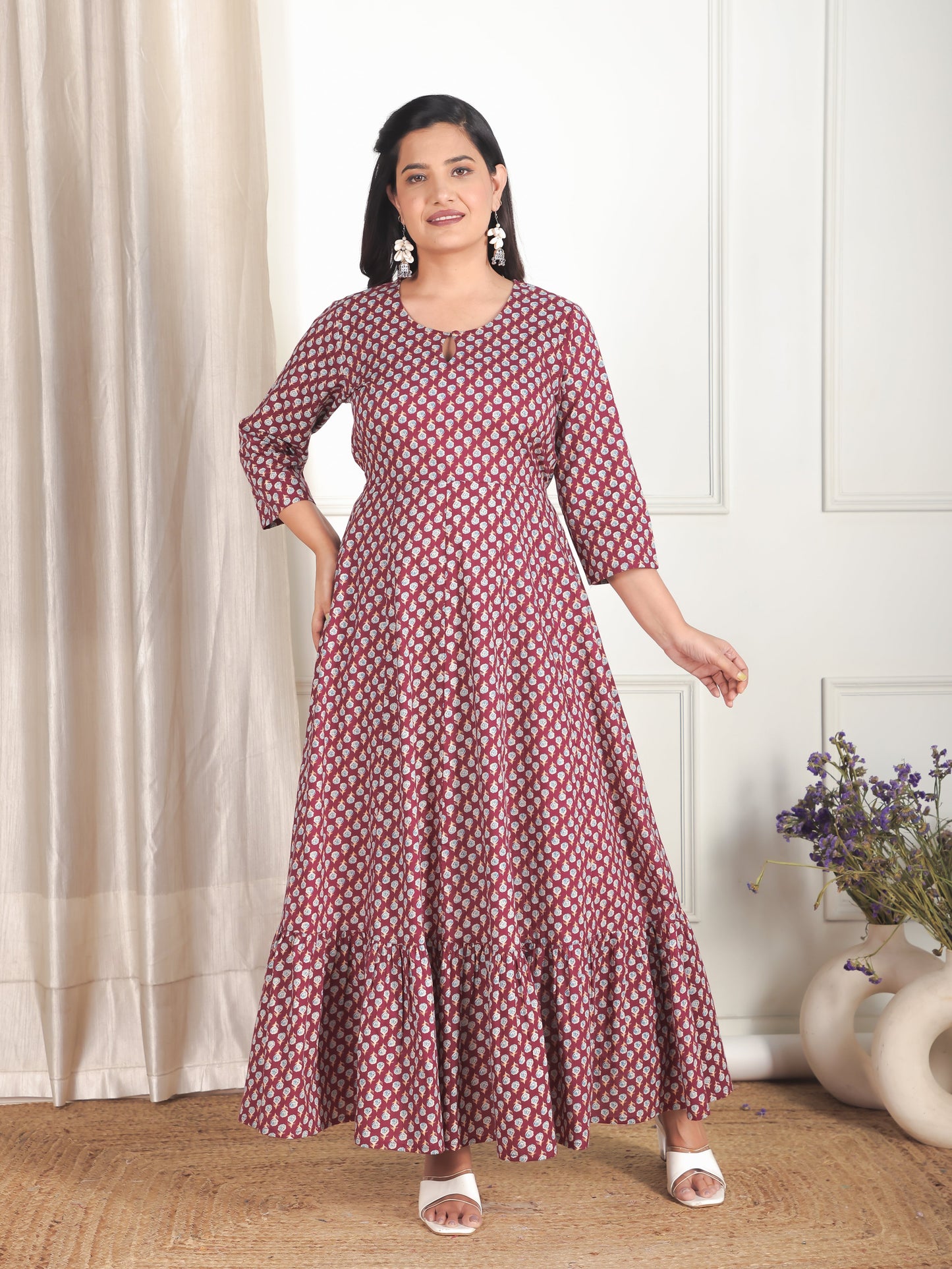 Soft Cotton Floral Anarkali Maroon Dress