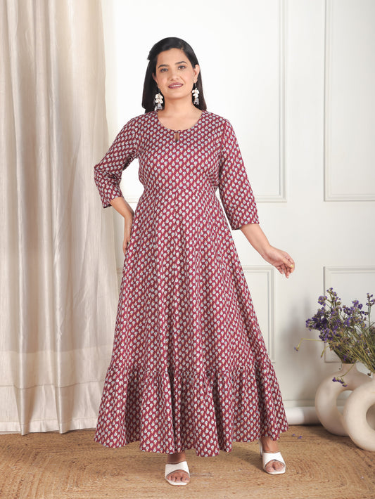 Soft Cotton Floral Anarkali Maroon Dress