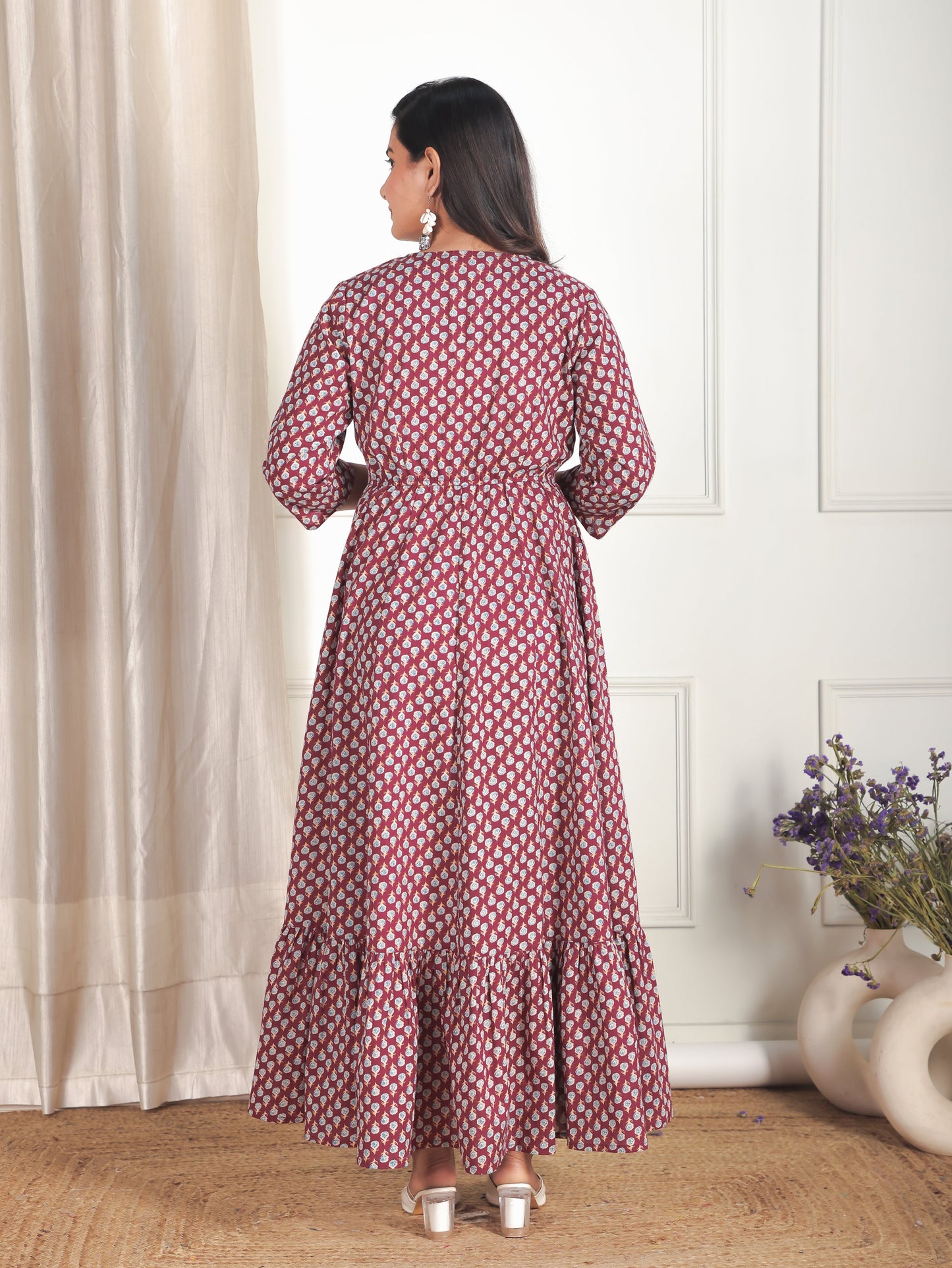 Soft Cotton Floral Anarkali Maroon Dress