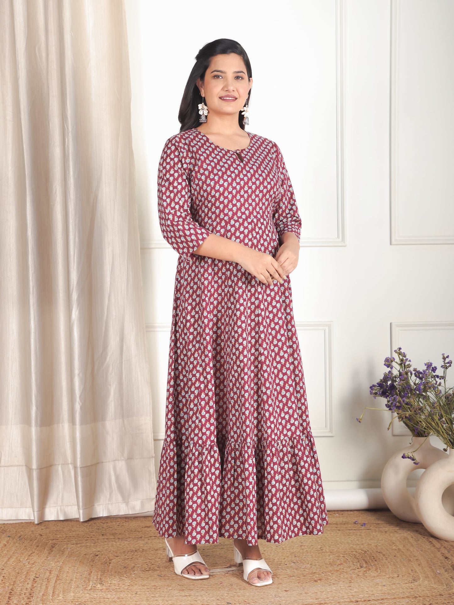 Soft Cotton Floral Anarkali Maroon Dress