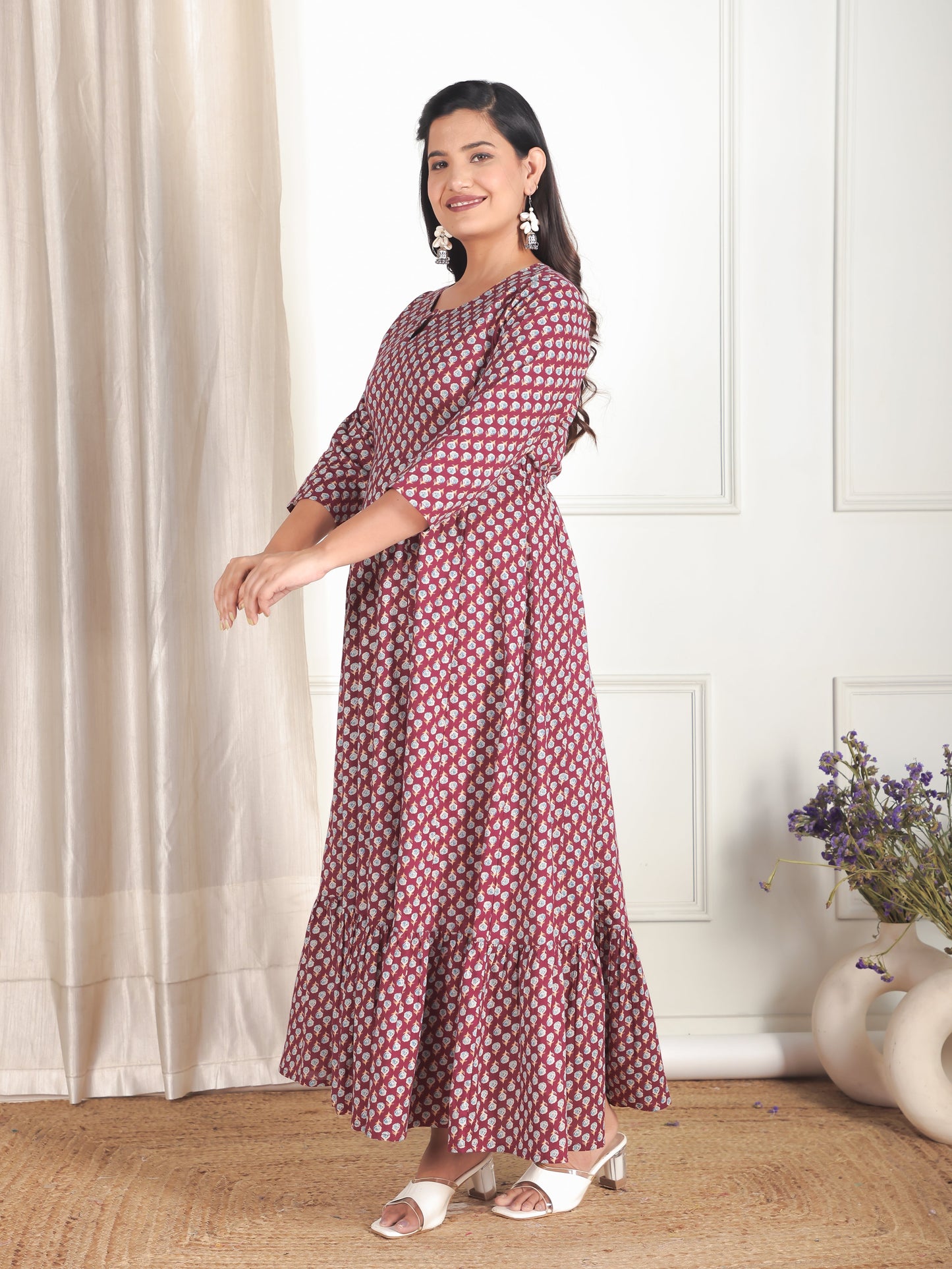 Soft Cotton Floral Anarkali Maroon Dress