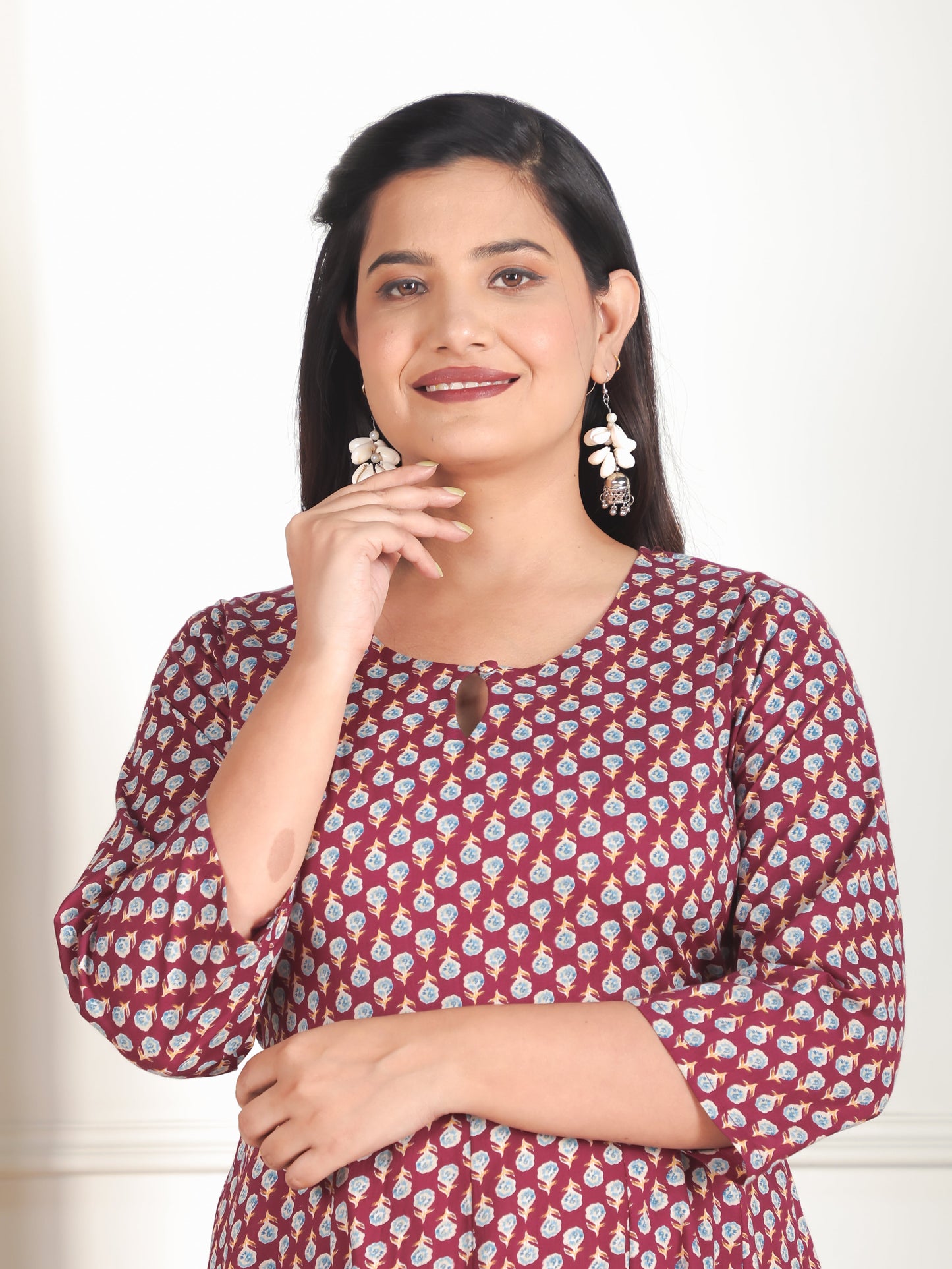 Soft Cotton Floral Anarkali Maroon Dress