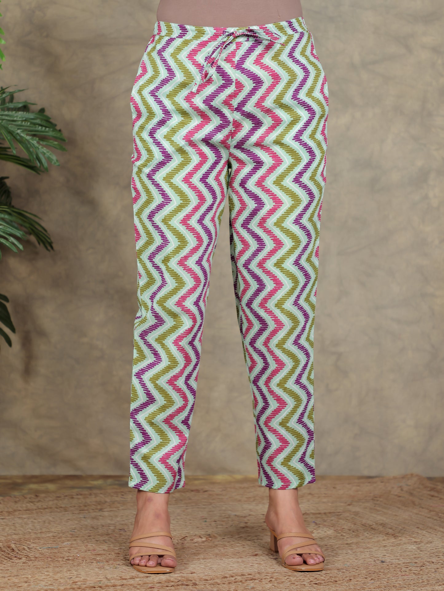 Soft Cotton Striped Green Straight Trousers