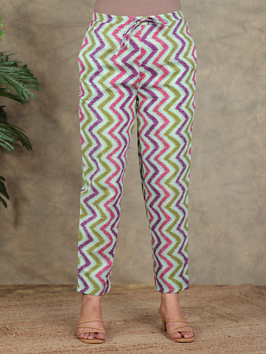 Soft Cotton Striped Green Straight Trousers