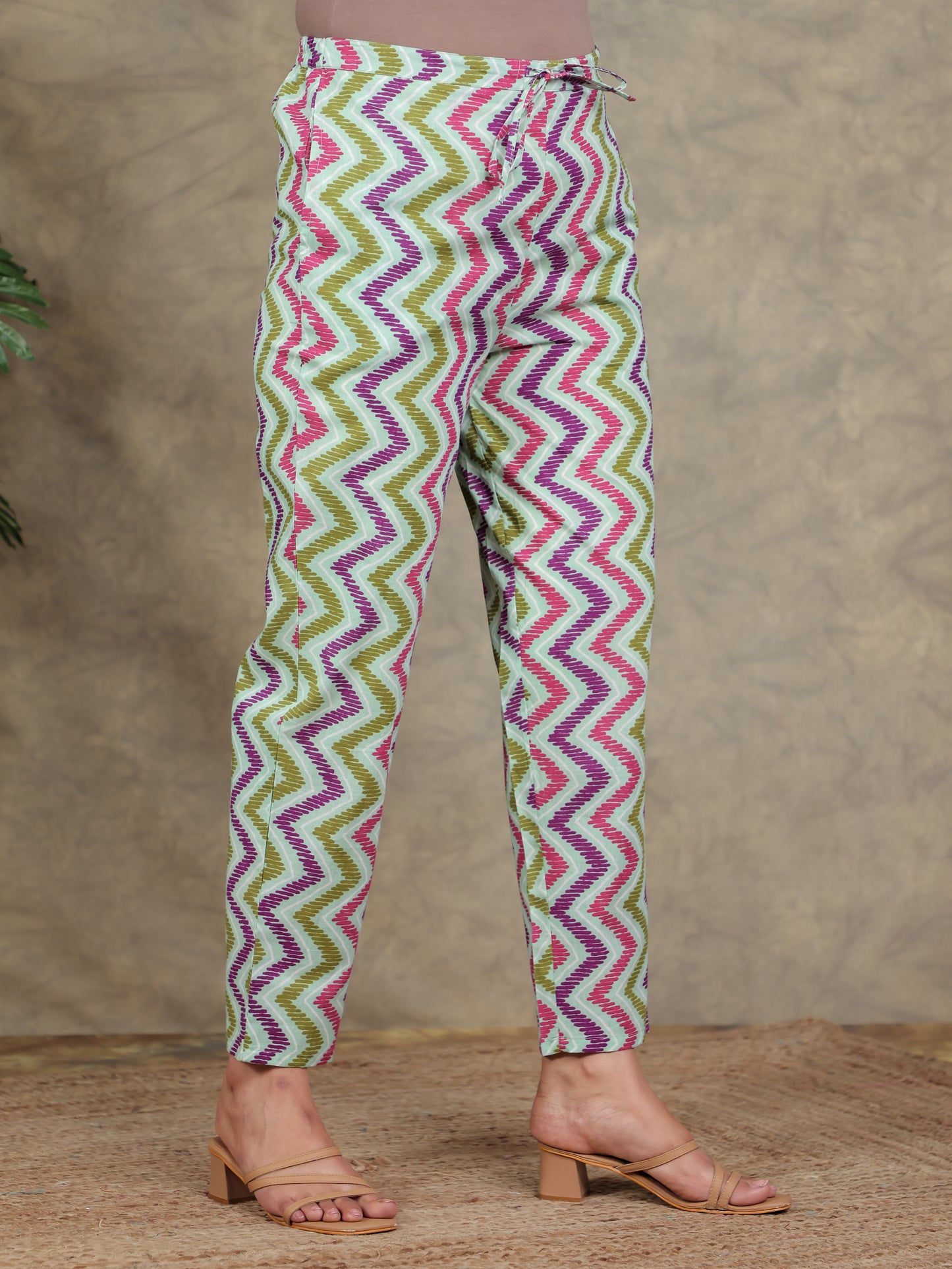 Soft Cotton Striped Green Straight Trousers