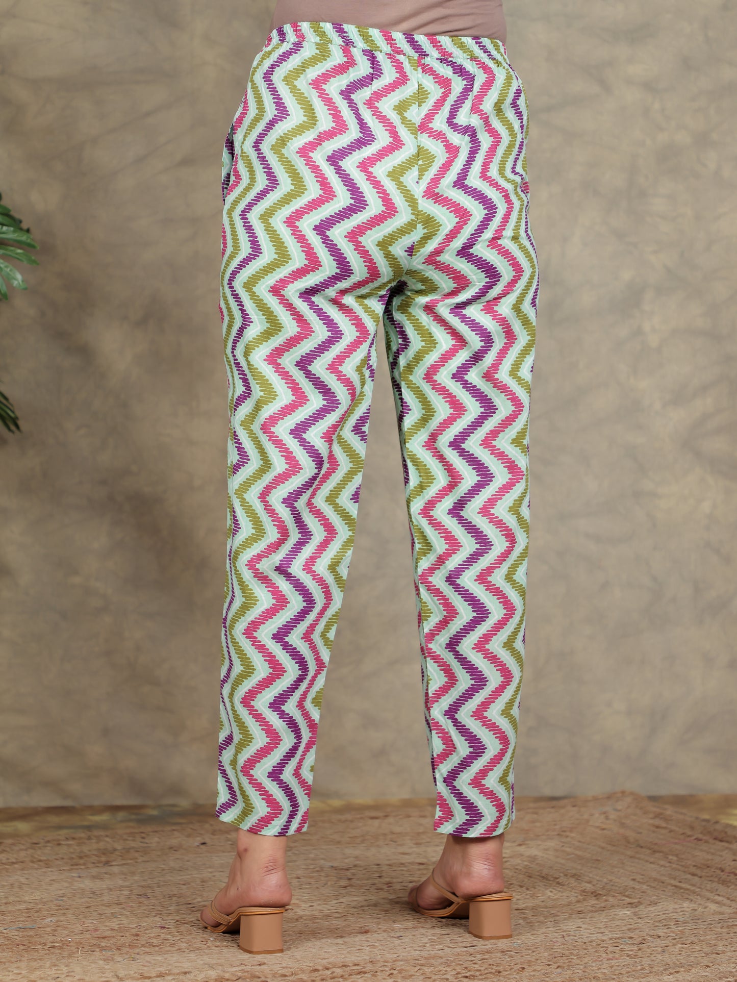 Soft Cotton Striped Green Straight Trousers