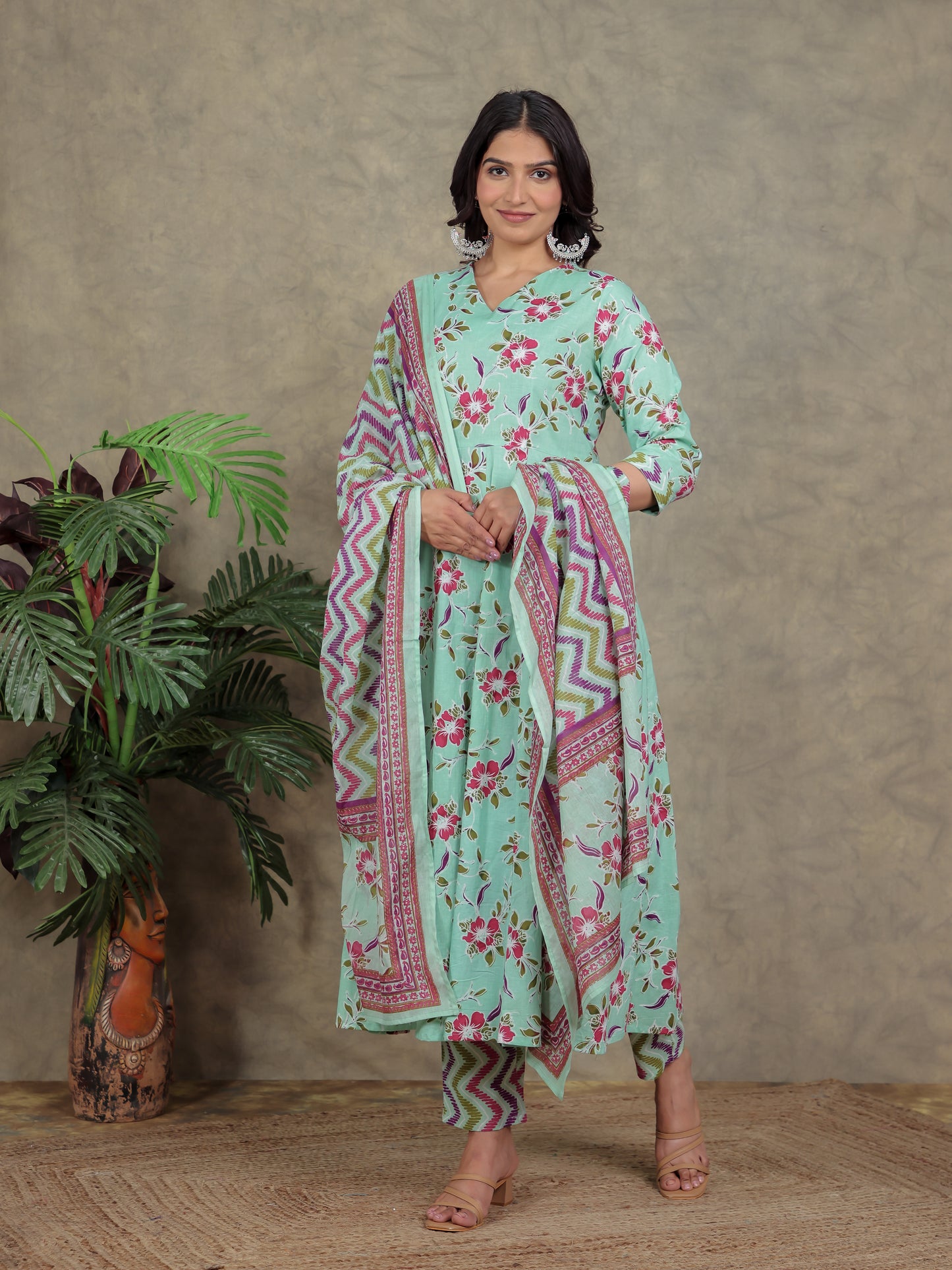 Soft Cotton Floral Angrakha Green Kurta