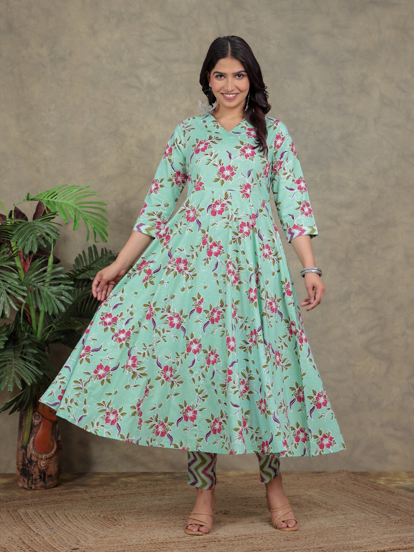 Soft Cotton Floral Angrakha Green Kurta