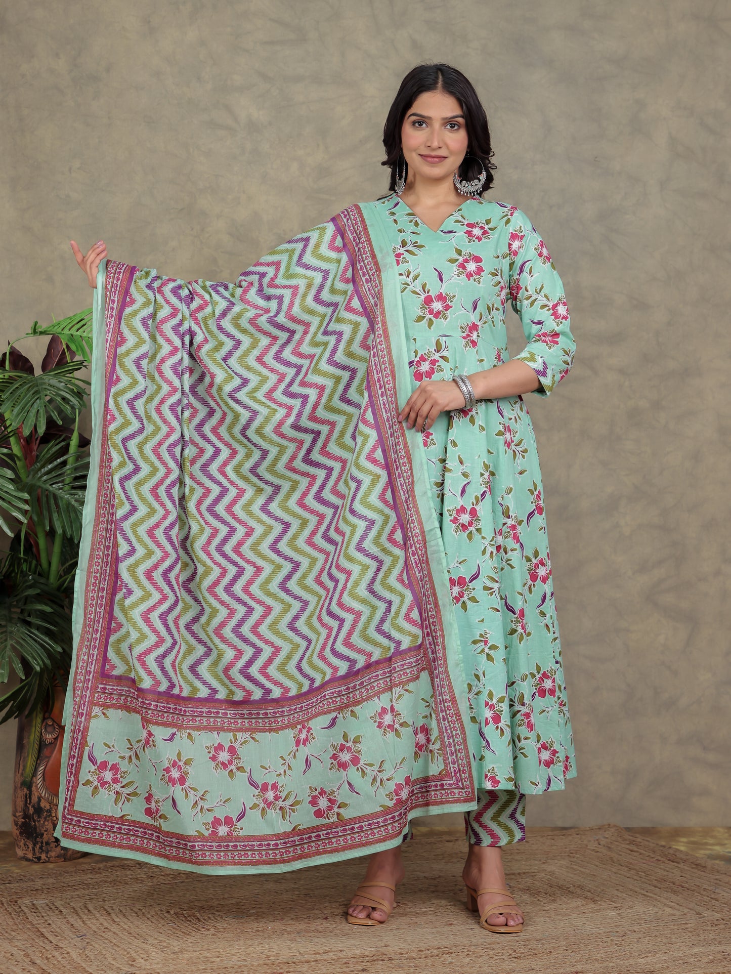 Soft Cotton Floral Angrakha Green Kurta