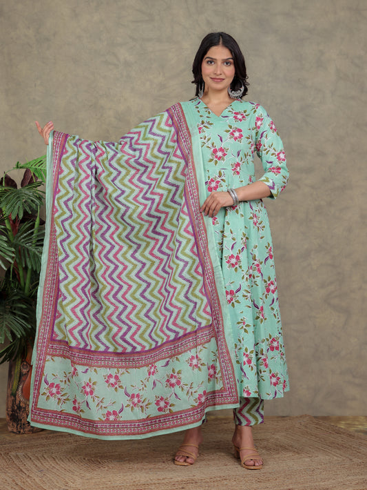 Soft Cotton Floral Angrakha Green Kurta