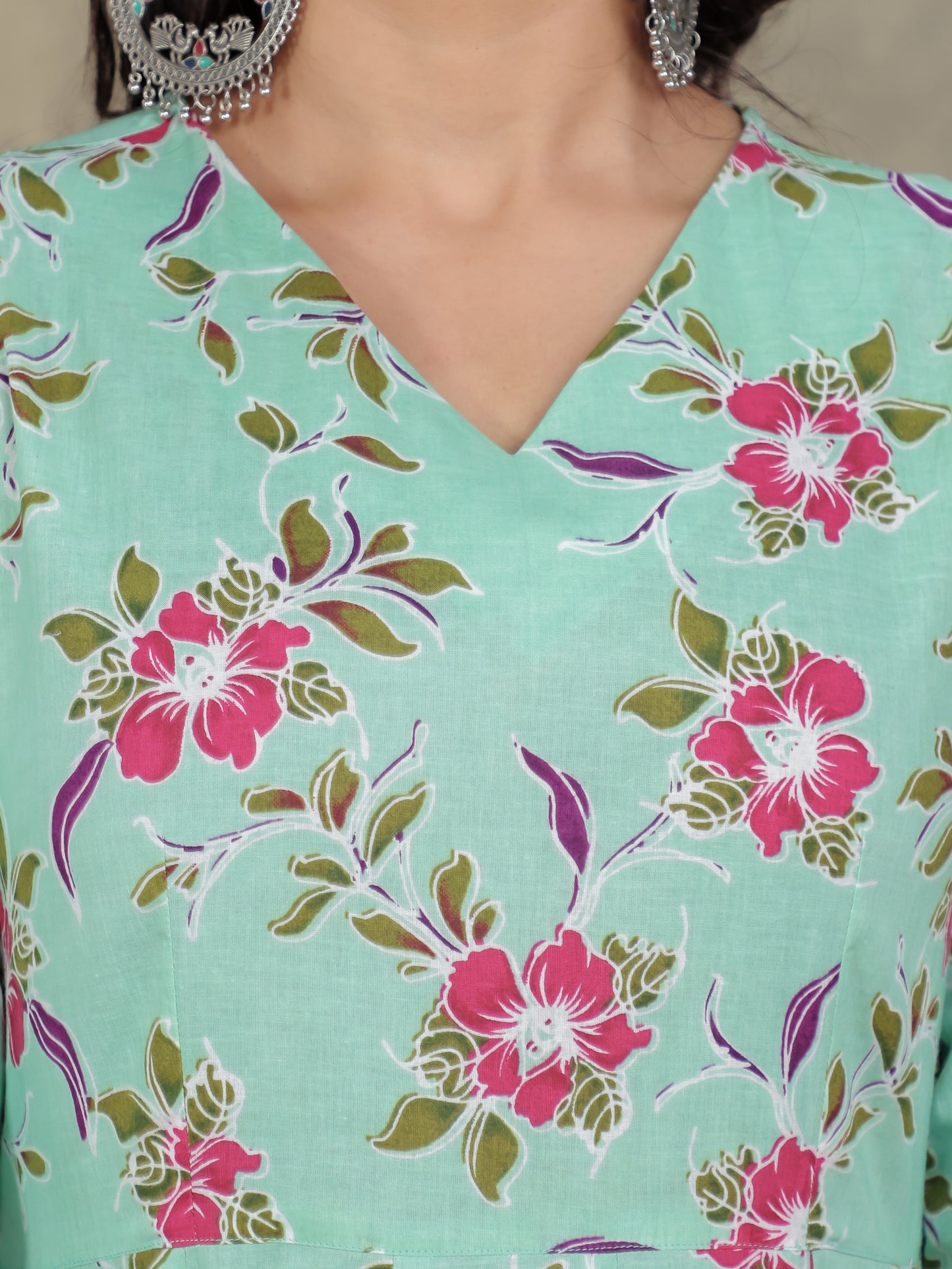Soft Cotton Floral Angrakha Green Kurta