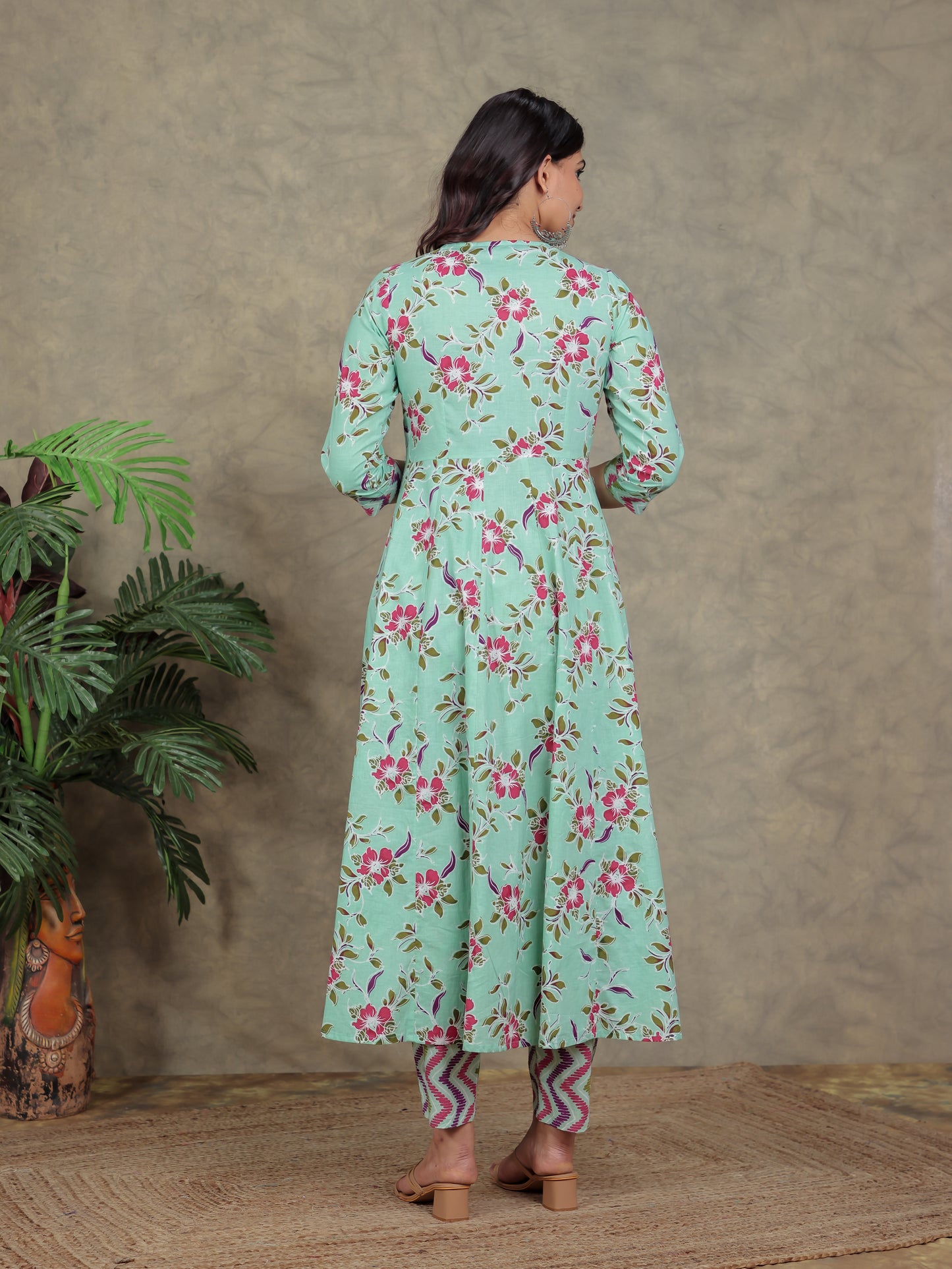Soft Cotton Floral Angrakha Green Kurta