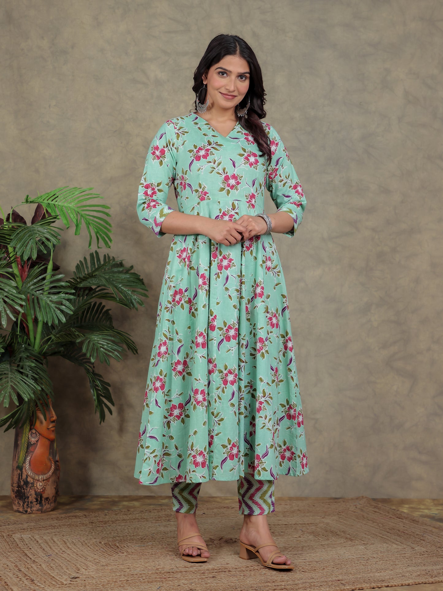 Soft Cotton Floral Angrakha Green Kurta