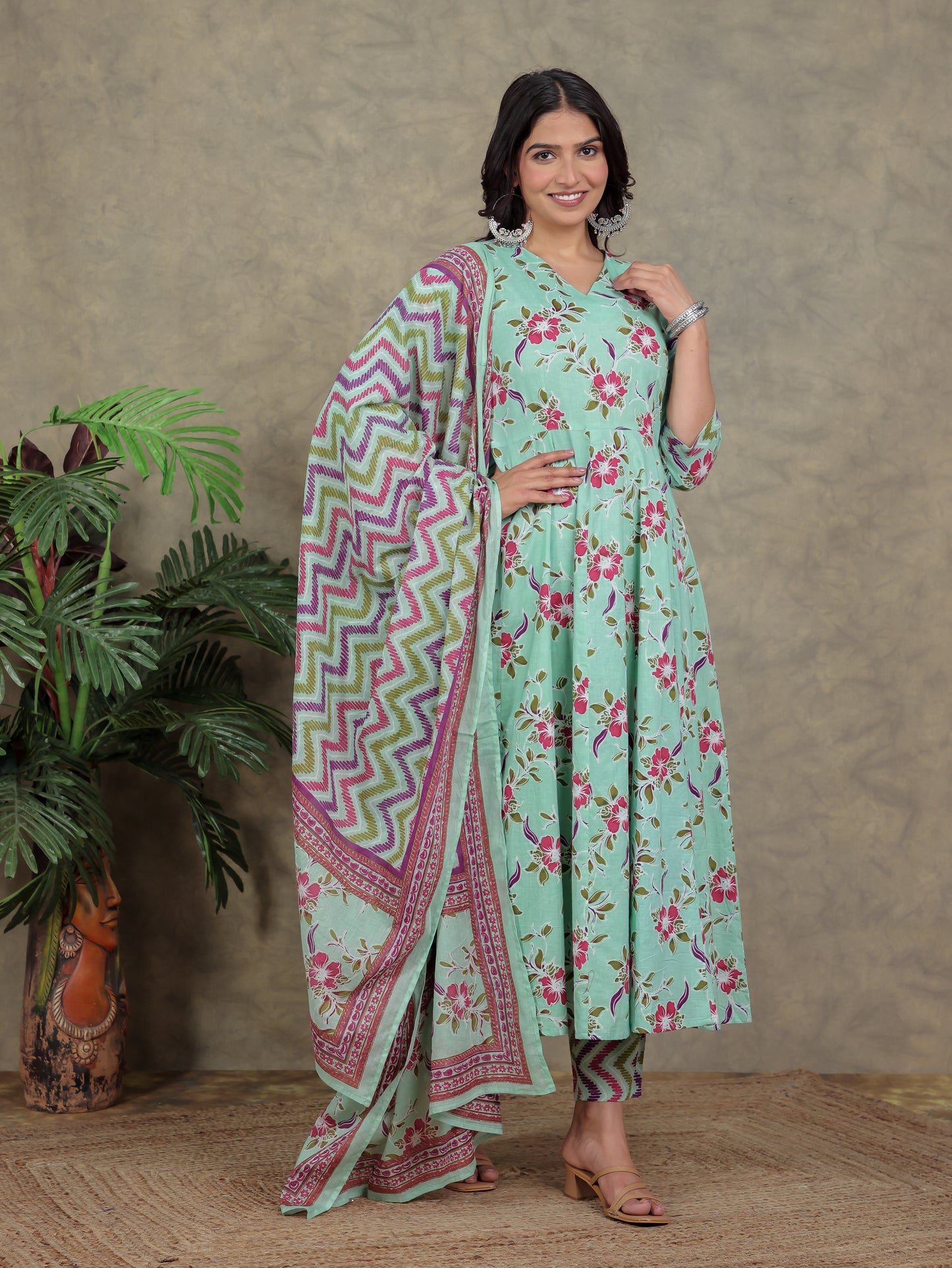 Soft Cotton Floral Angrakha Green Kurta