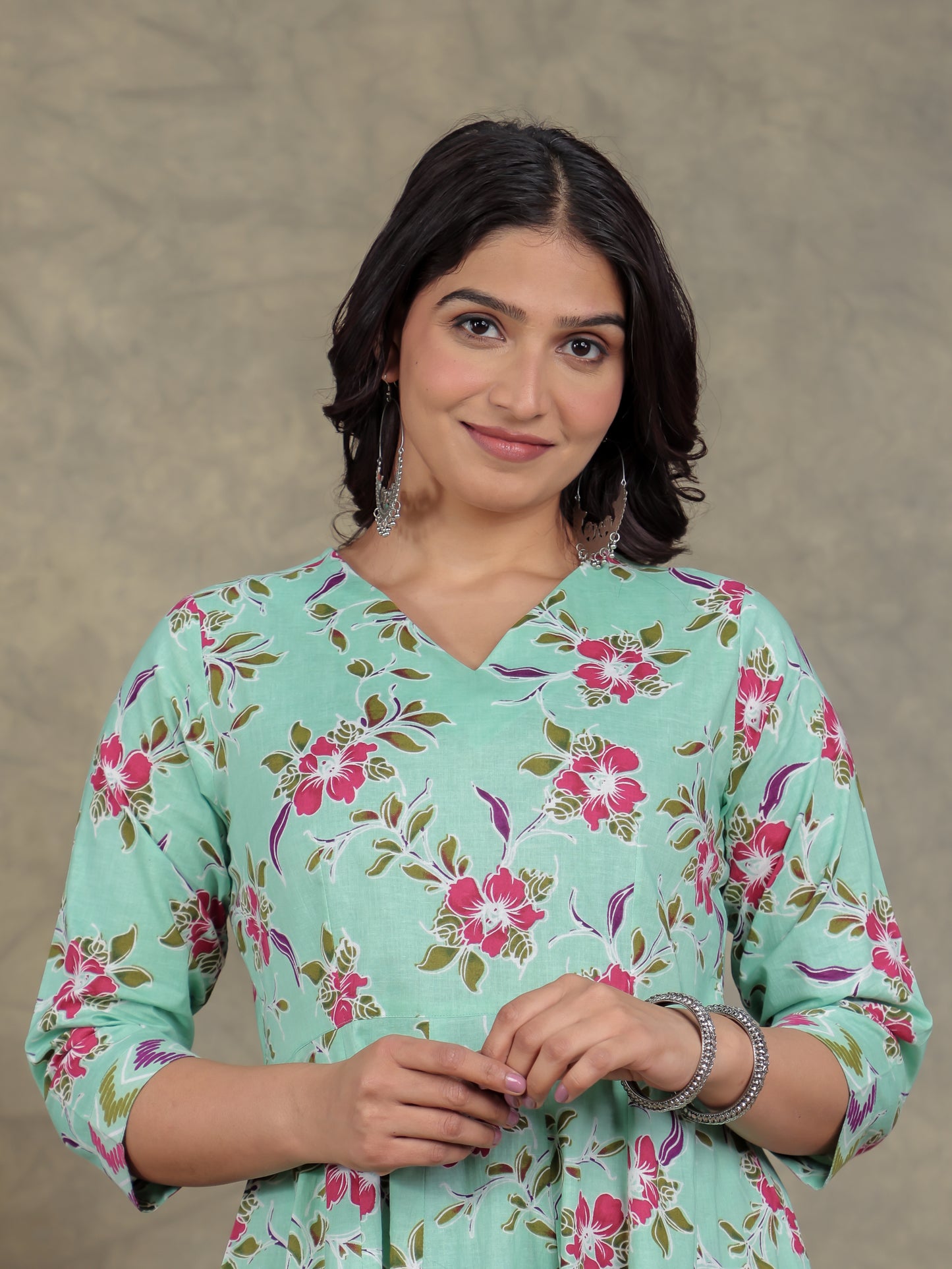 Soft Cotton Floral Angrakha Green Kurta