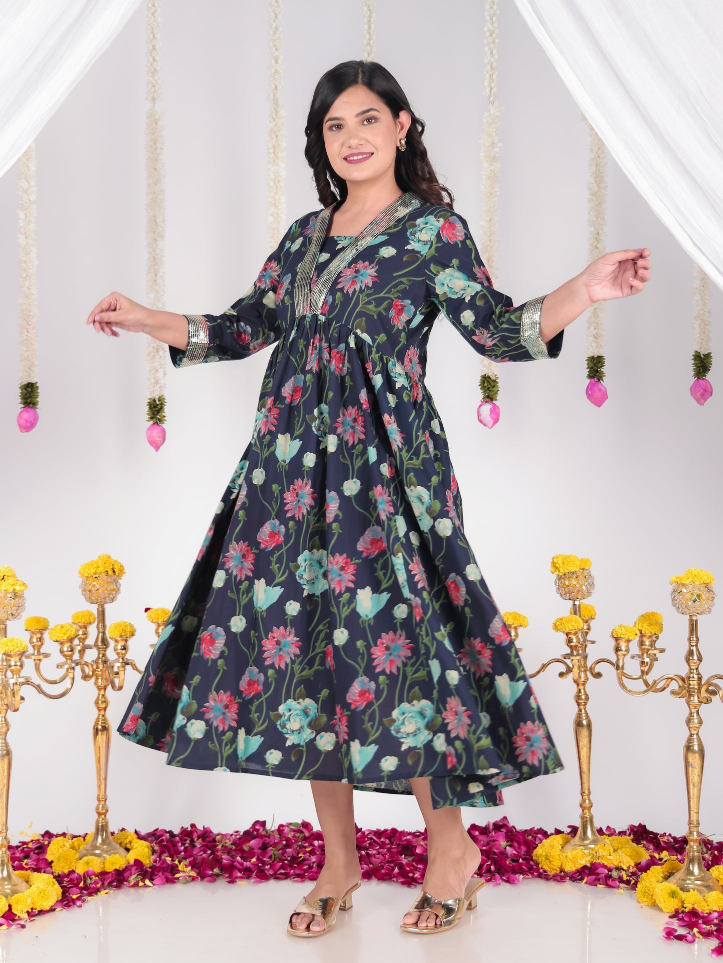 Embroidered Soft Cotton Floral Gathered Green Dress