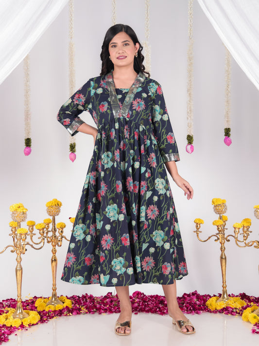 Embroidered Soft Cotton Floral Gathered Green Dress