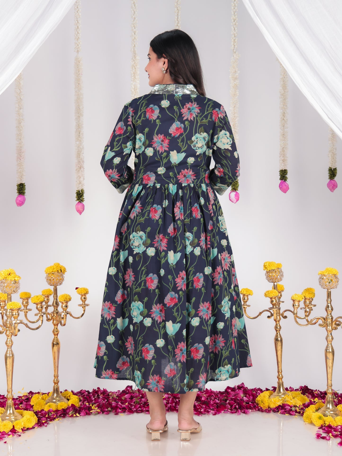 Embroidered Soft Cotton Floral Gathered Green Dress