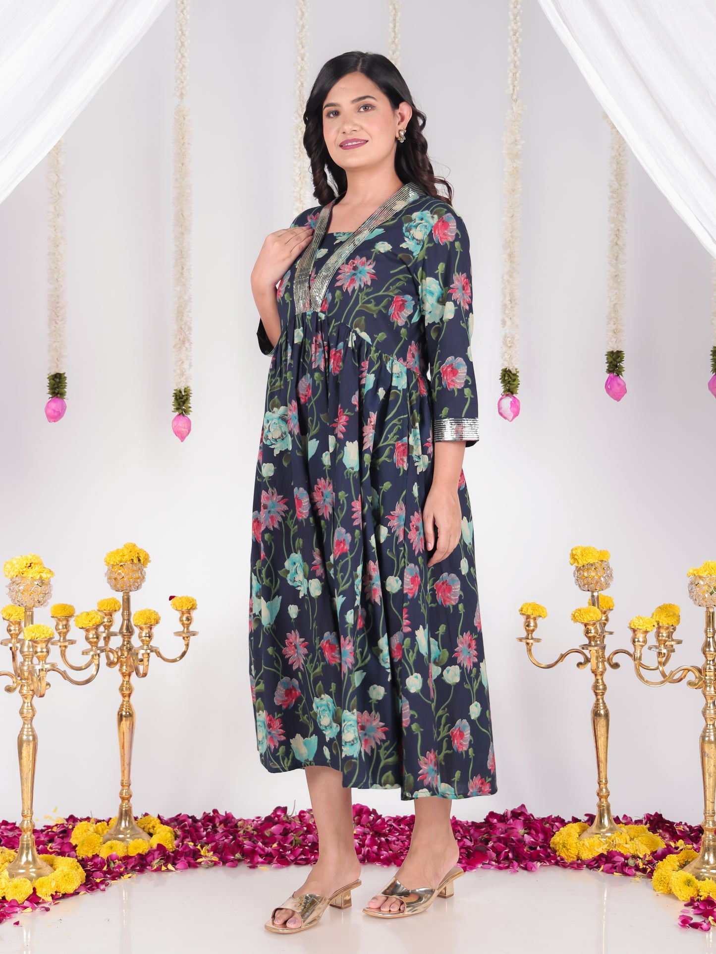 Embroidered Soft Cotton Floral Gathered Green Dress