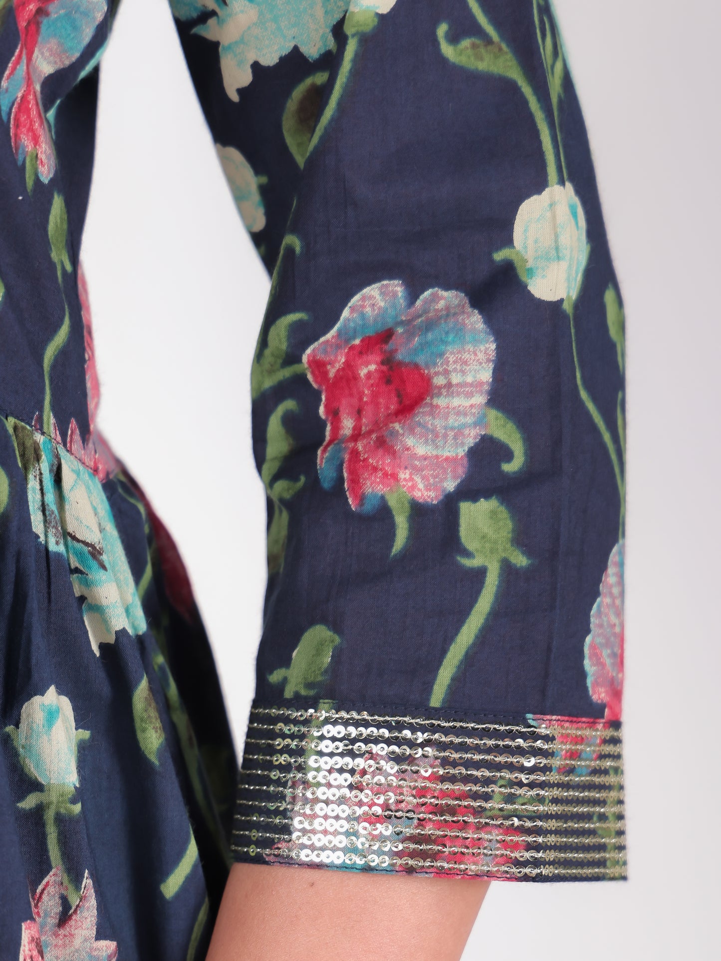 Embroidered Soft Cotton Floral Gathered Green Dress