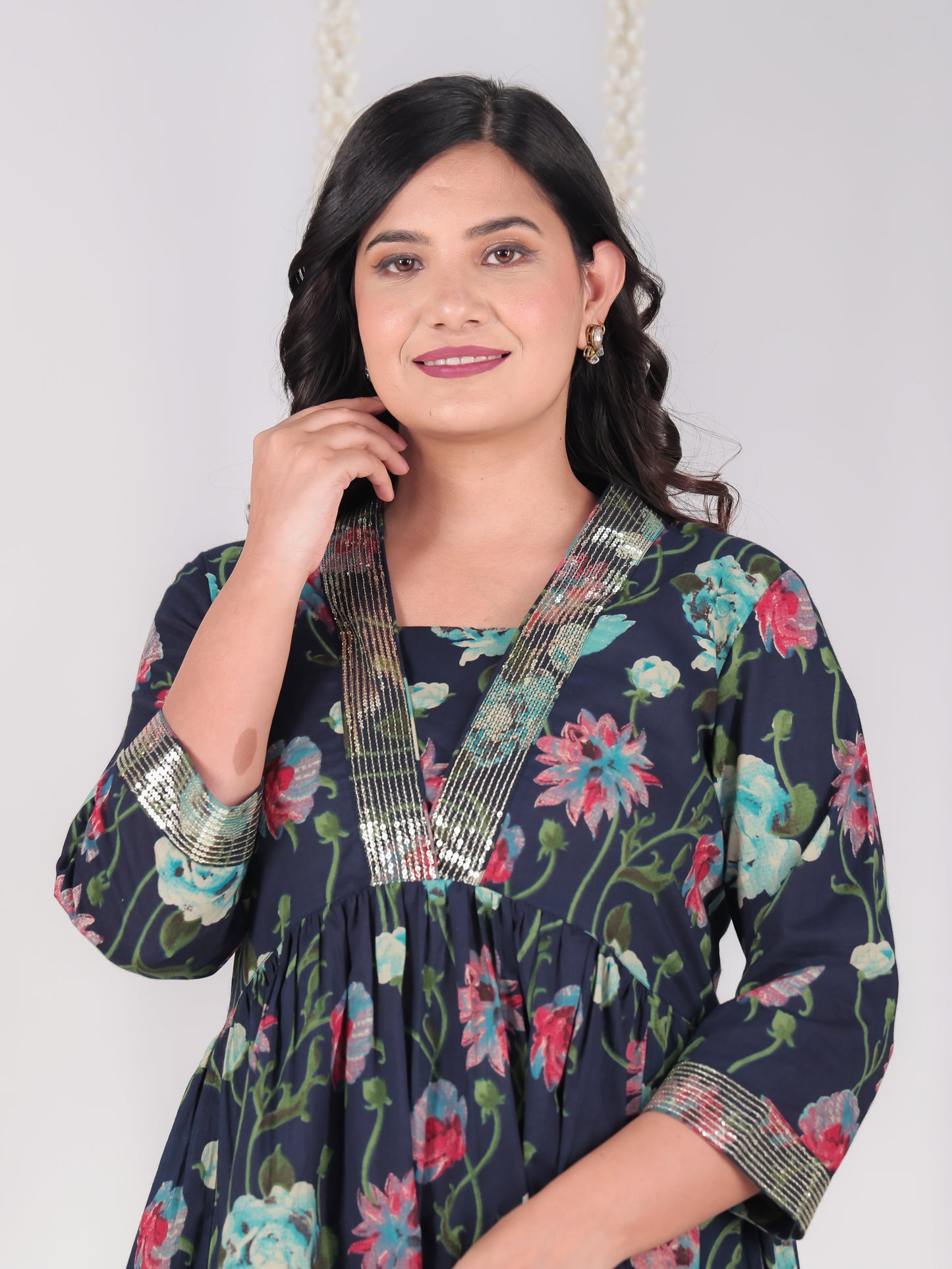 Embroidered Soft Cotton Floral Gathered Green Dress