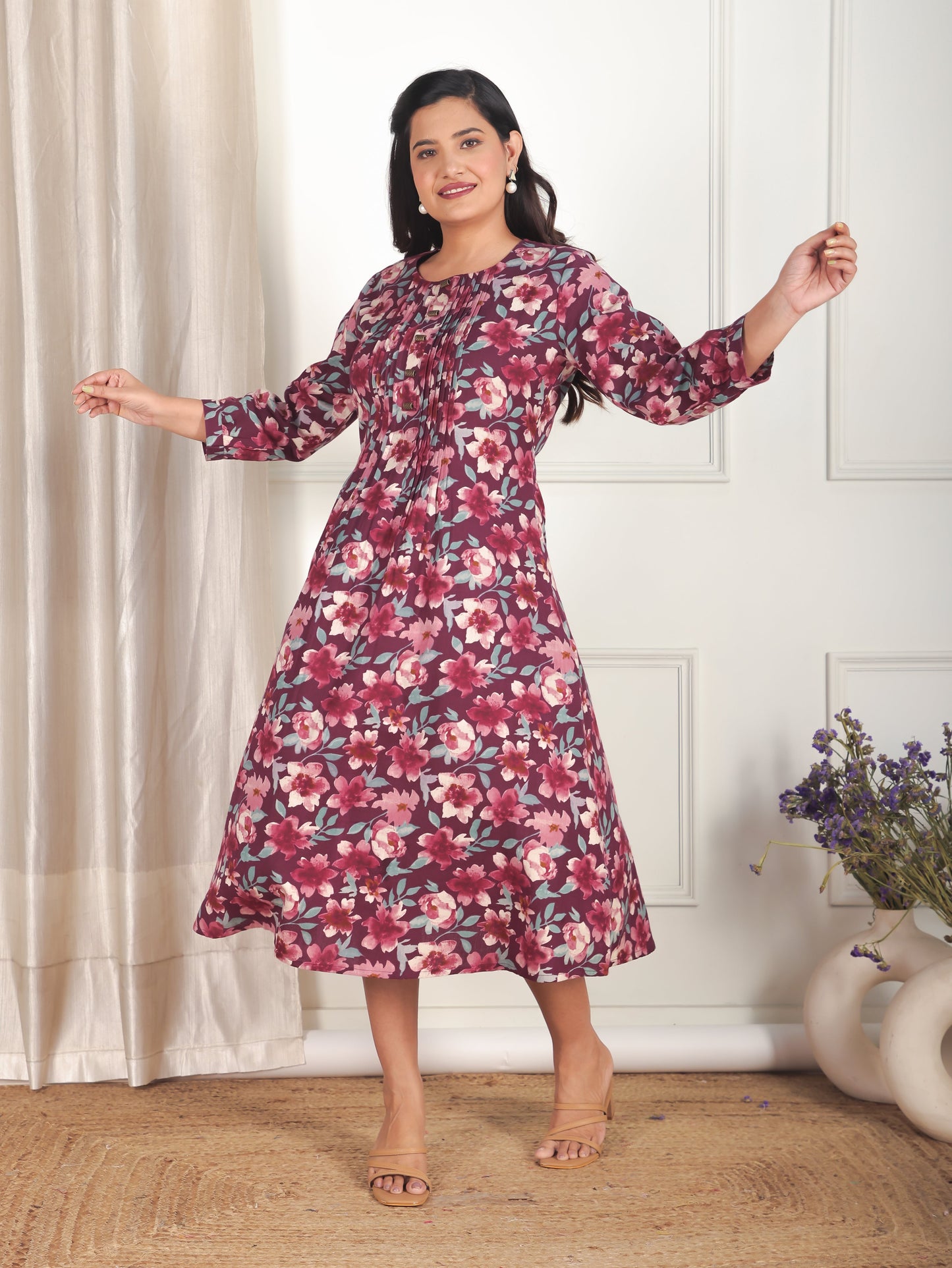 Soft Cotton Floral A-line Purple Dress